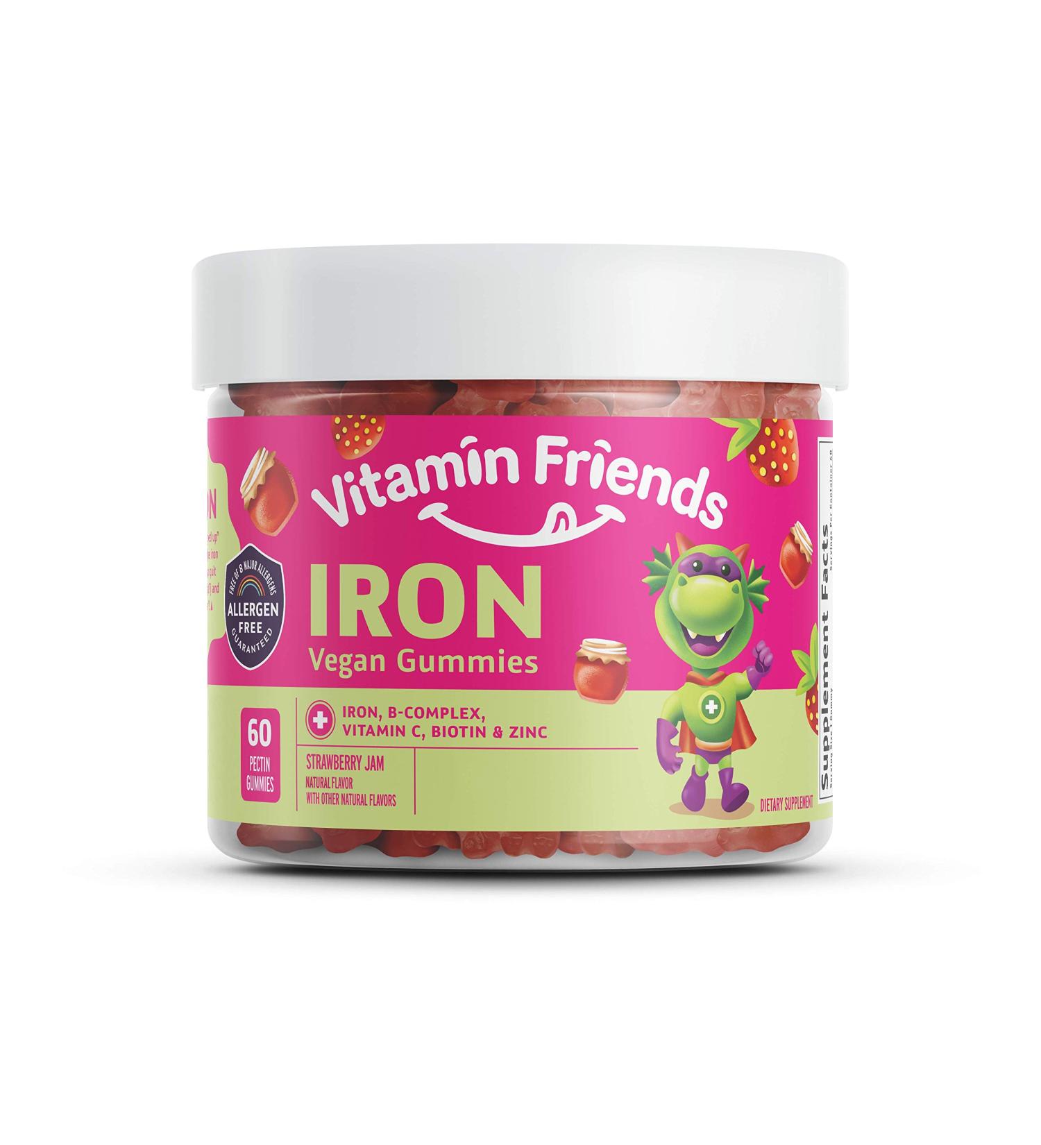 Vitamin Friends Strawberry Jam Iron Gummies - Vegan (60 Day Supply) | Ferrous Fumarate B-Complex Vitamin C Zinc Biotin | Iron Kids Supplement - Buy Online on GoSupps.com