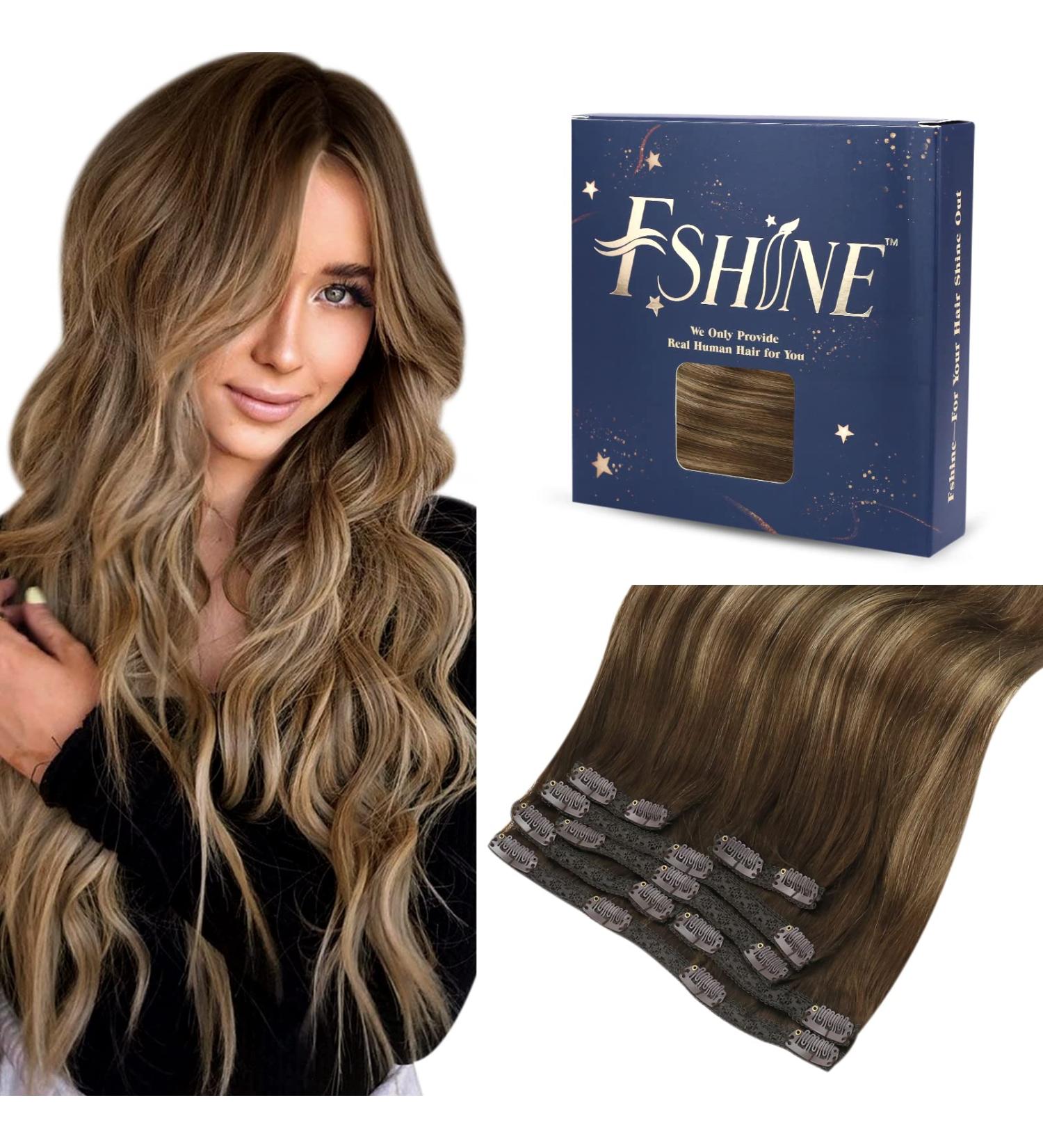 FSHINE Clip-In Hair Extensions - Real Human Hair Balayage Ombre 55cm 120g Double Wefts Dark Brown & Caramel Blonde - 7 Pcs #4/27/4 - Buy Online on GoSupps.com