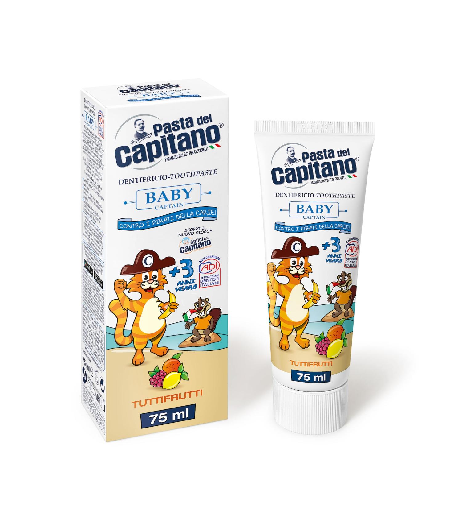 Pasta del Capitano Tuttifrutti Baby Toothpaste - Gentle Fluoride Formula for Kids 3+ 75ml - Made in Italy - Buy Online on GoSupps.com