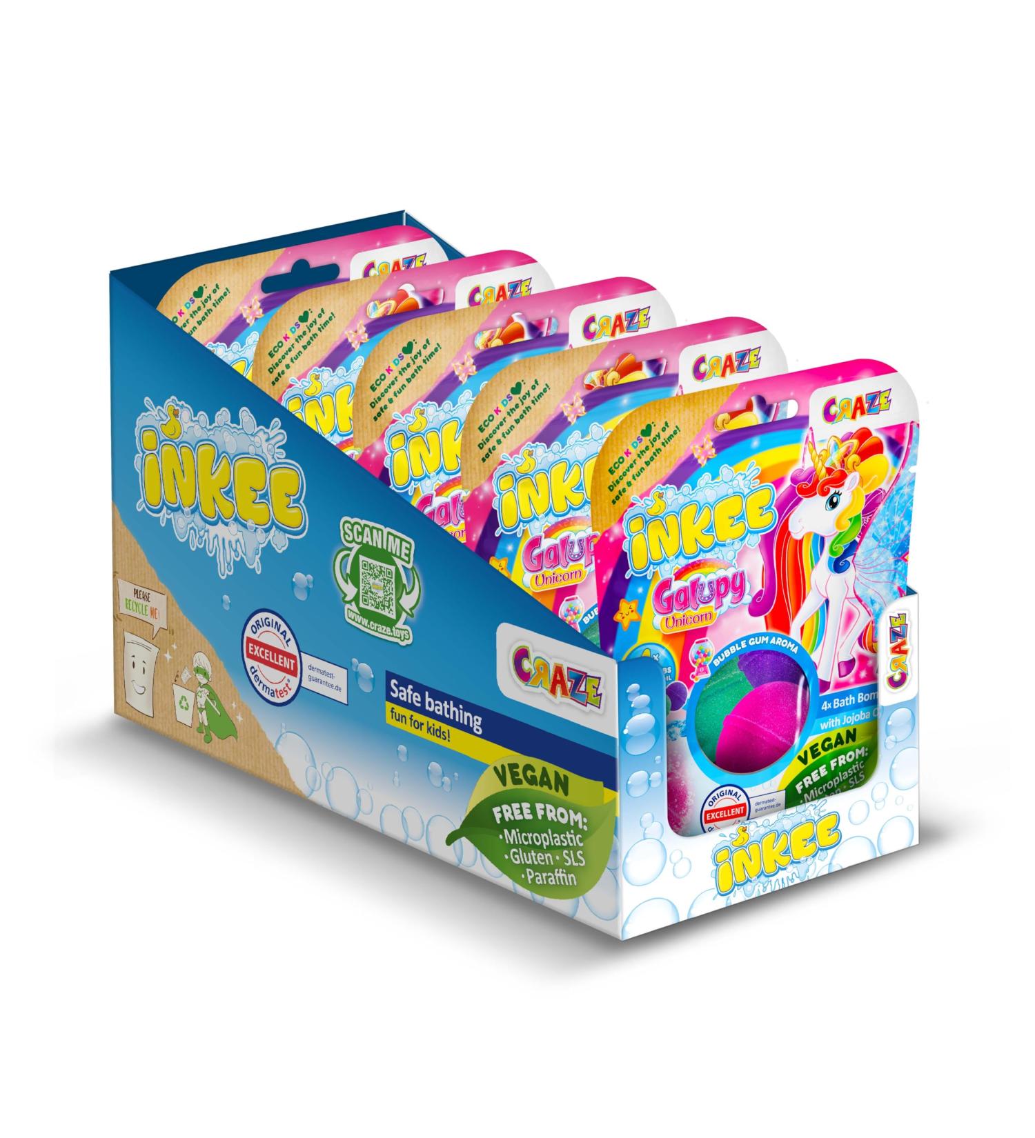 INKEE Galupy Unicorn 5 Packs of 4 x 50g Bath Bombs with Chewing Gum Fragrance in 4 Colours with Jojoba Oil Total 20 Bombs - Buy Online on GoSupps.com