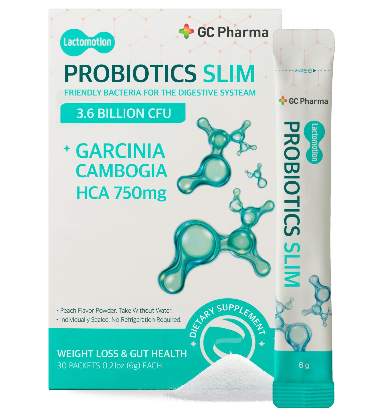 GC Pharma Probiotics Garcinia Cambogia 30 Count Pack - Peach Flavor Powder, 3.6 Billion CFU, HFA 750mg - Stomach Friendly for Women & Men - Buy Online on GoSupps.com
