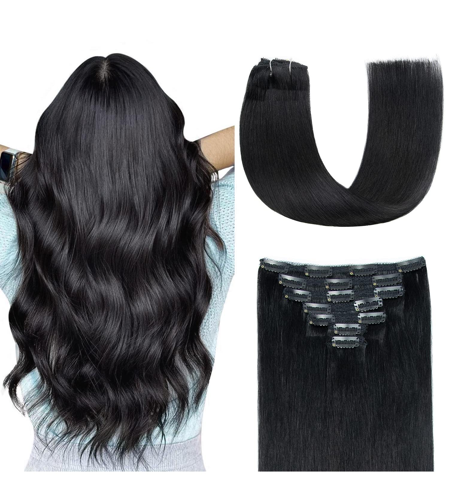 AGMITY Clip-In Extensions | Real Hair Deep Black 50cm | 120g Seamless Remy Double Clips | 7 Pieces - Buy Online on GoSupps.com