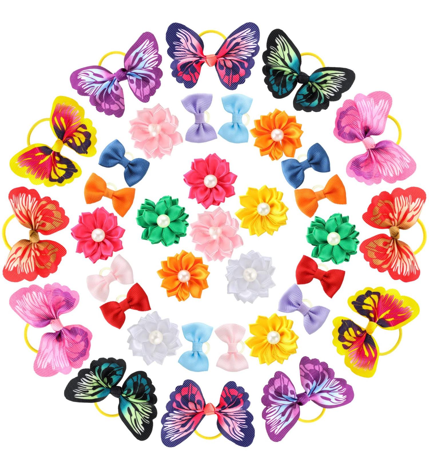 Janinka 36-Piece Dog Hair Bows | Butterfly & Flower Pearls | Elastic Ties for Pets Grooming - Buy Online on GoSupps.com