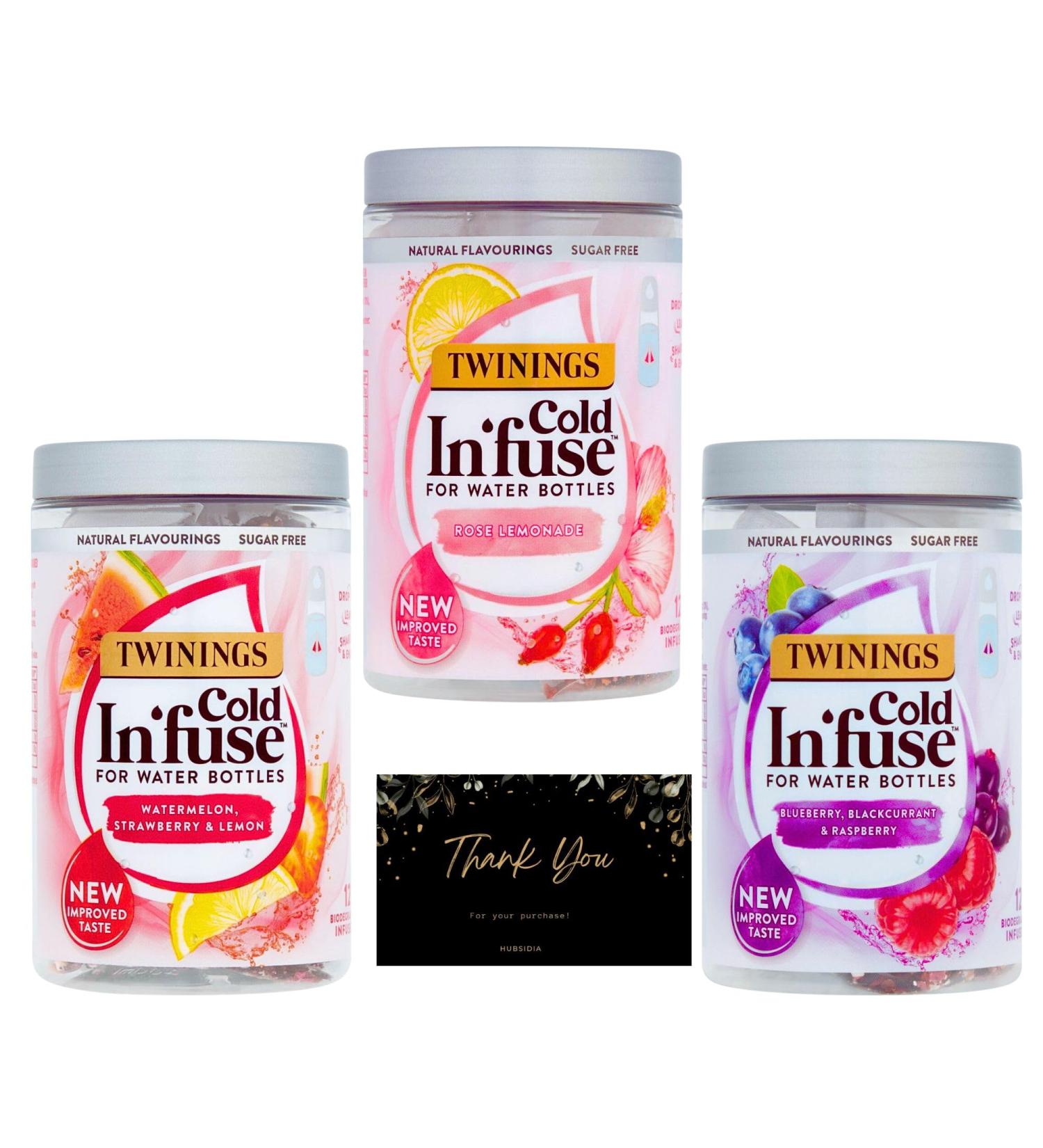 3 Pack Selection of Twinnings Cold In'Fuse | 3 Flavours 36 Infusers for Water Bottle with Hubsidia Thank you Card - Buy Online on GoSupps.com