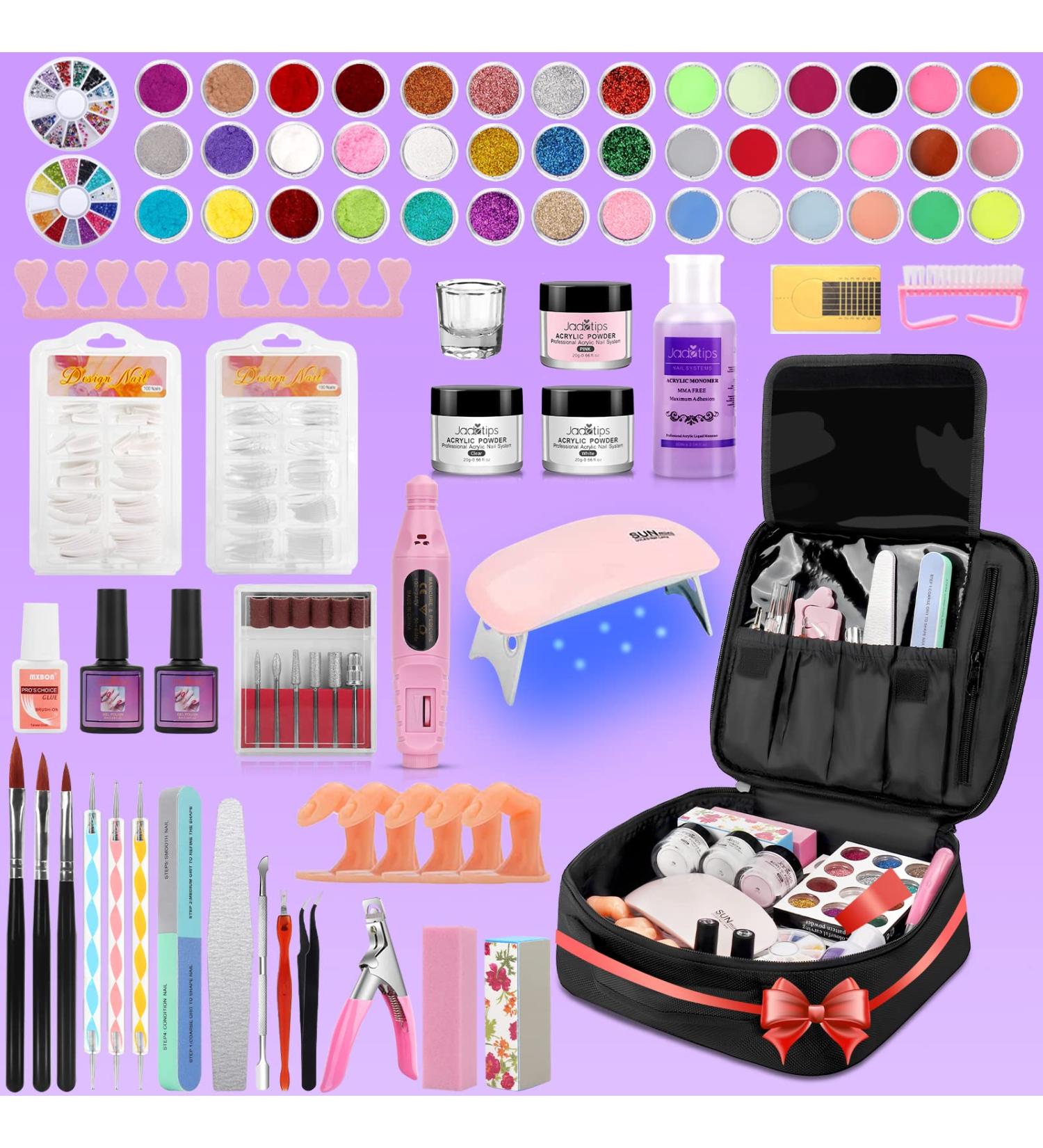 Professional Acrylic Nail Kit for Beginners - 42 Colors, Glitter Powder, Monomer Liquid, Drill, UV Light & Bag Case - Buy Online on GoSupps.com