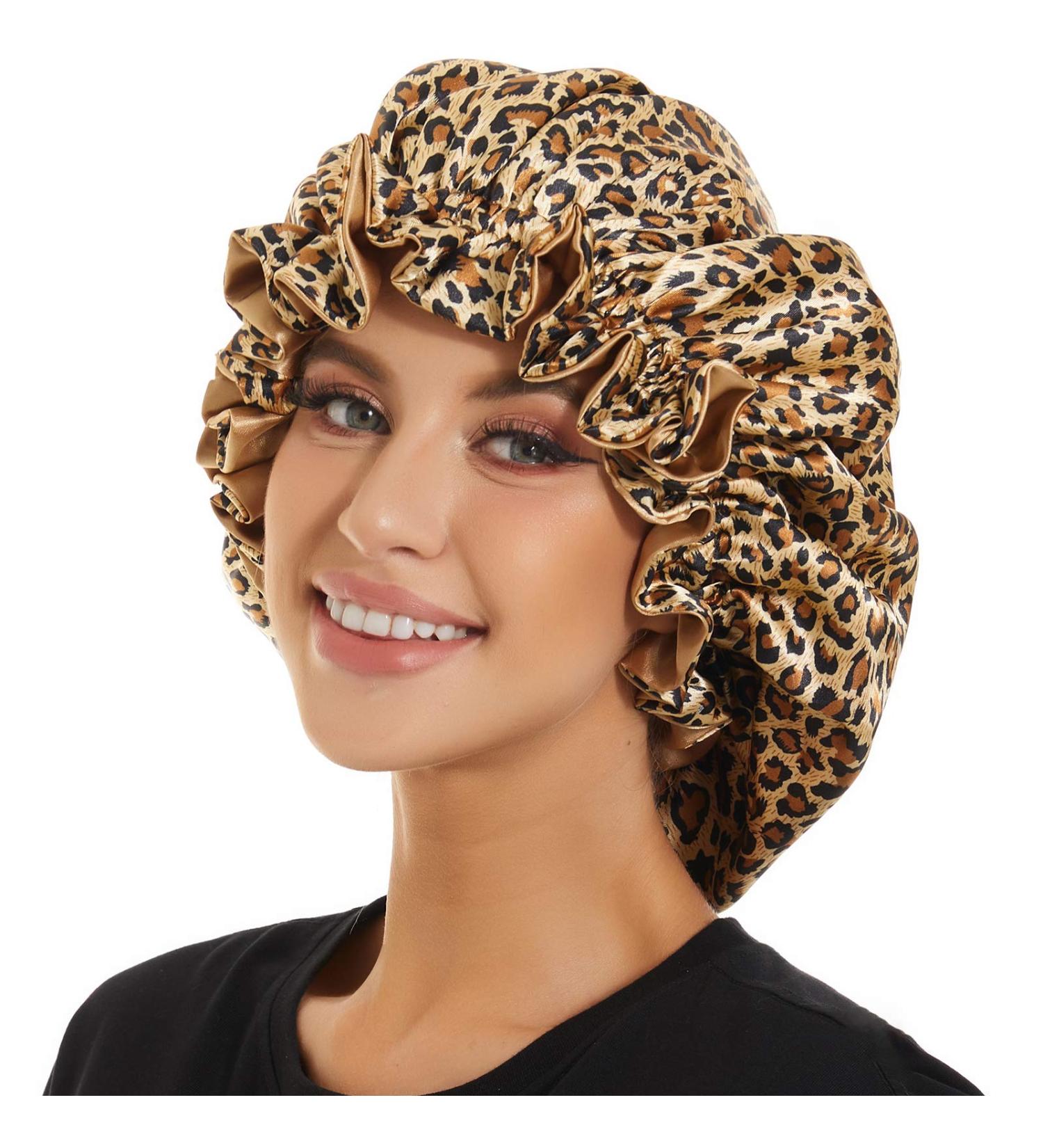 AIPAO Satin Bonnet Sleep Cap - Black Silk Bonnet for Curly Hair - Leopard Print Satin Cap for Women - Buy Online on GoSupps.com