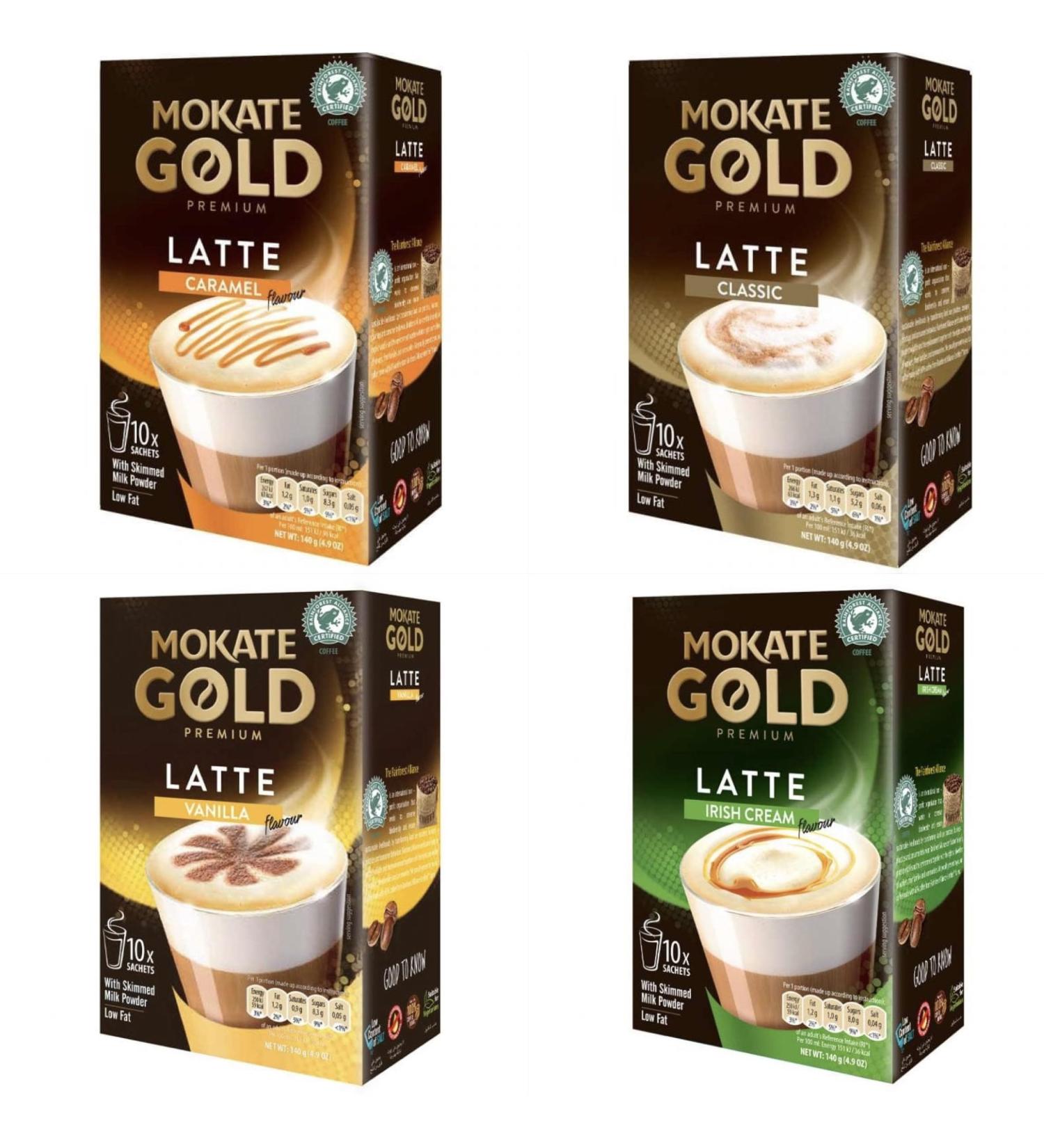Mokate Gold Premium Latte 4 flavours Caramel Classic Irish cream Vanilla 4x 10 Sachets - Buy Online on GoSupps.com