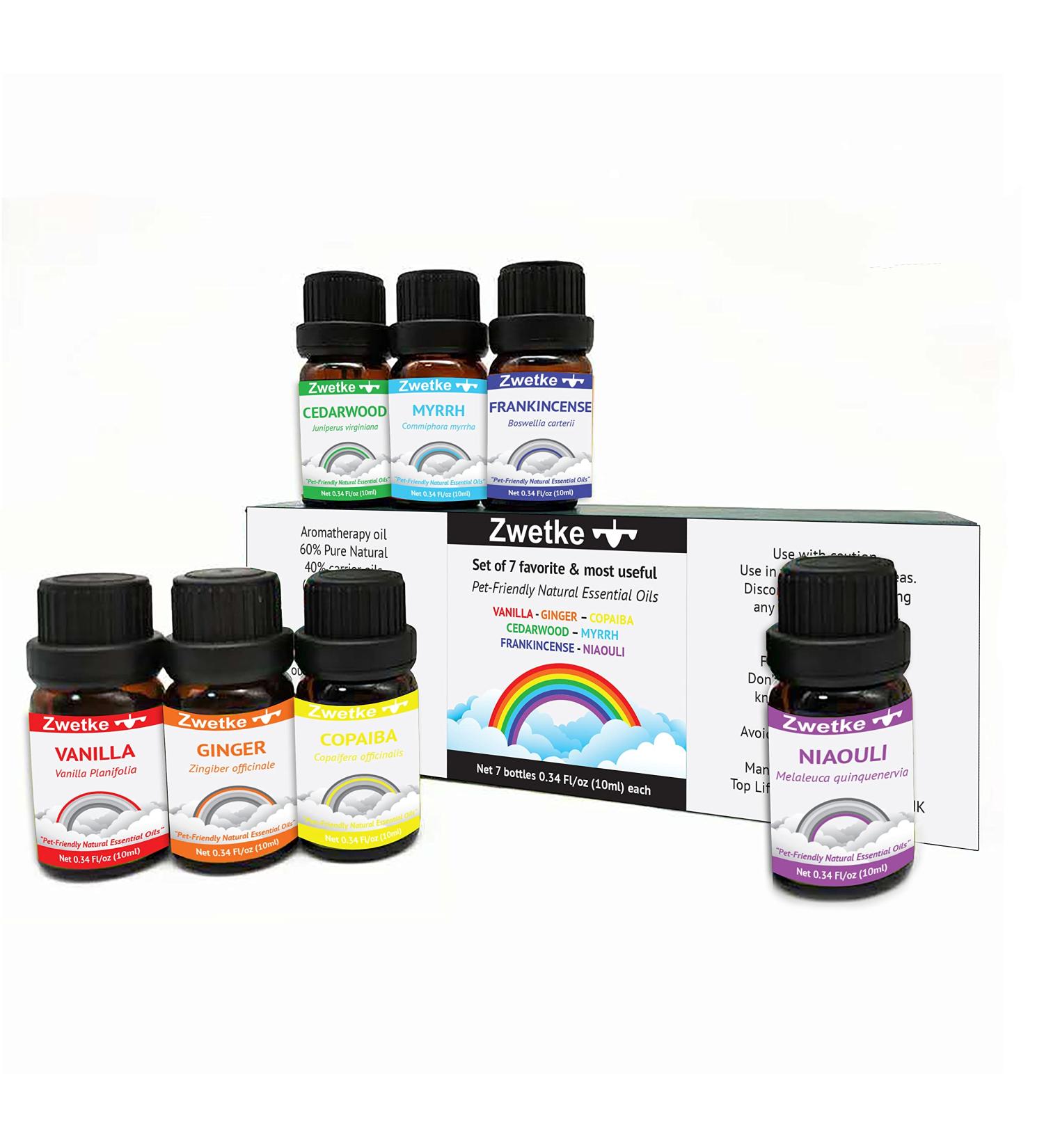 Pet-Friendly 7 Essential Aromatherapy Oils Gift Set for Whole Family - Vanilla, Ginger, Copaiba, Cedarwood, Myrrh, Frankincense, Niaouli - 60% Pure Oils, 40% pet-Compatible Carrier Oils - Buy Online on GoSupps.com