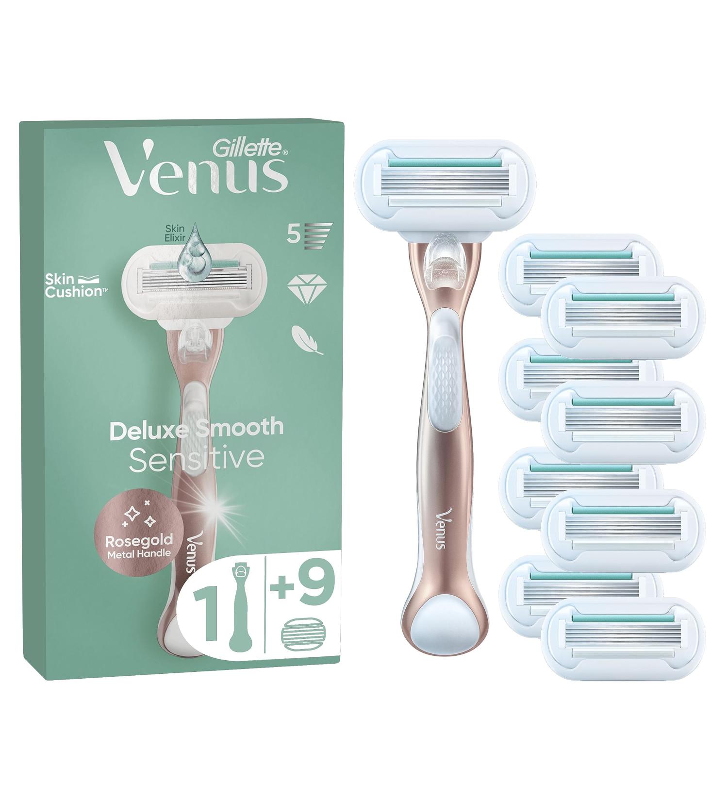 Gillette Venus Deluxe Smooth Sensitive Rose Gold Women's Razor + 9 Blade Refills 5 Diamond Like Coated Blades - Buy Online on GoSupps.com