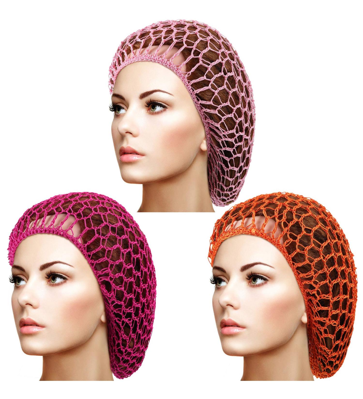 3-Piece Mesh Hair Net Rayon Crochet Snood Hat Set in Orange Red Pink Rose - Buy Online on GoSupps.com