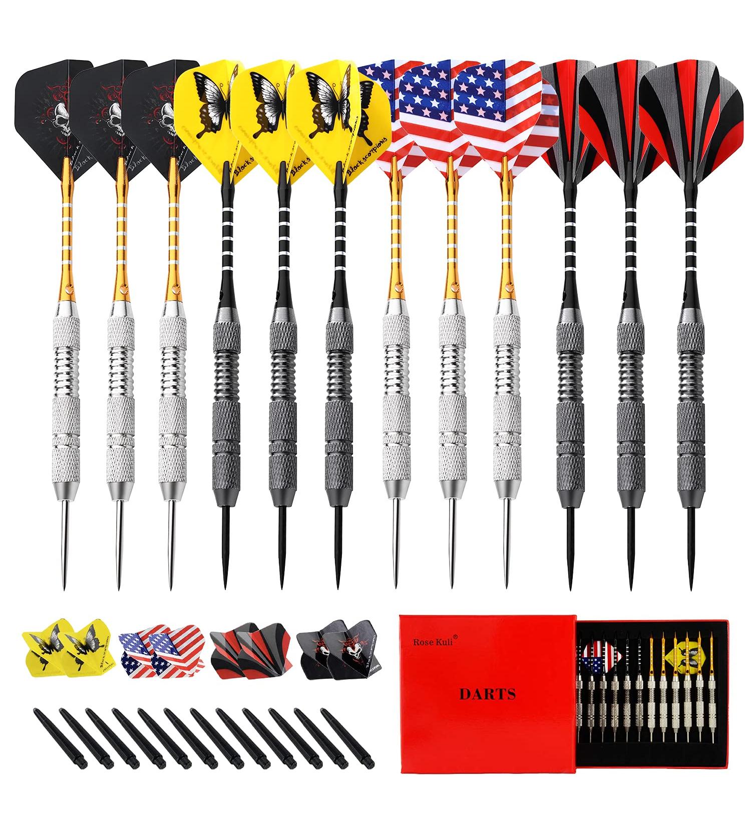 Rose Kuli Professional Steel Tip Darts Set 12 Pack - 22-26g Metal Tipped Darts with Aluminum Shafts, Brass Barrels, Extra Flights, and Case - Buy Online on GoSupps.com
