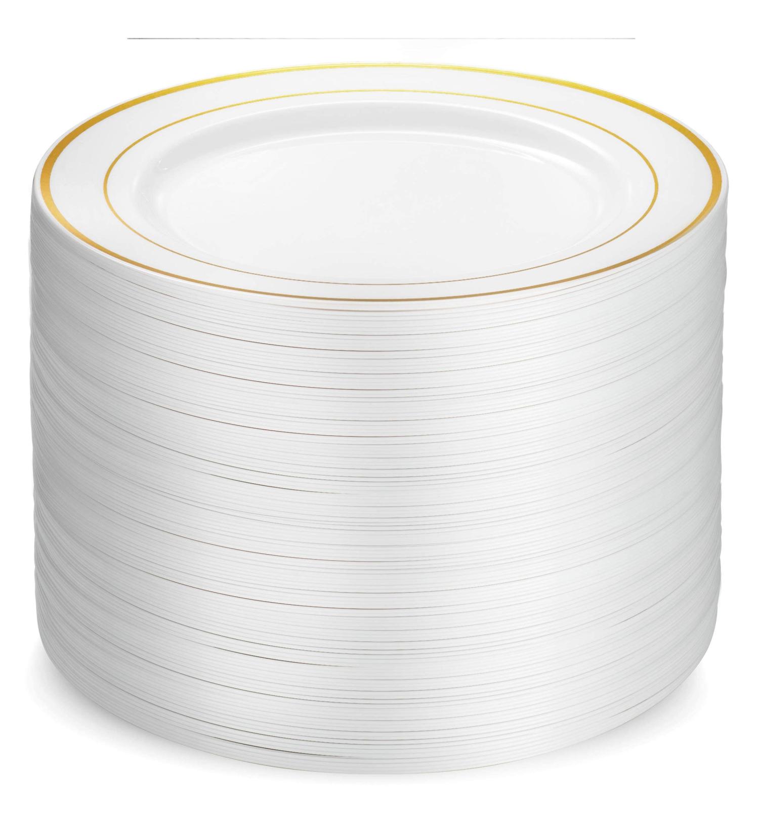 Munfix 100 Piece White Gold Rim Plastic Party Plates - Premium Heavy Duty 10.25 Inch Dinner Plates - Elegant Fancy Disposable Wedding Plates - Buy Online on GoSupps.com