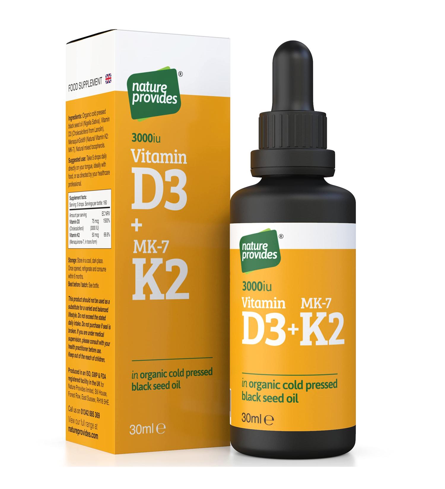 High Strength Vitamin D3 & K2 (MK-7) Organic Black Seed Oil 30ml - 3000IU Immune Support Drops - Made in UK - Buy Online on GoSupps.com
