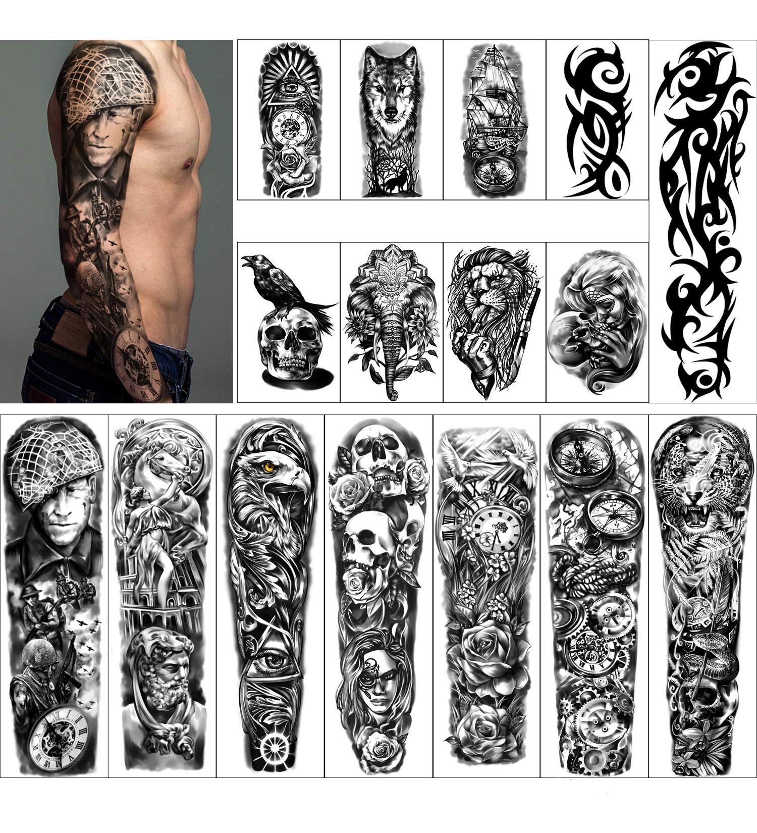 Full Arm & Half Arm Waterproof Temporary Tattoos Set - 16 Sheets, Extra Large Tattoo Stickers for Men and Women - Buy Online on GoSupps.com