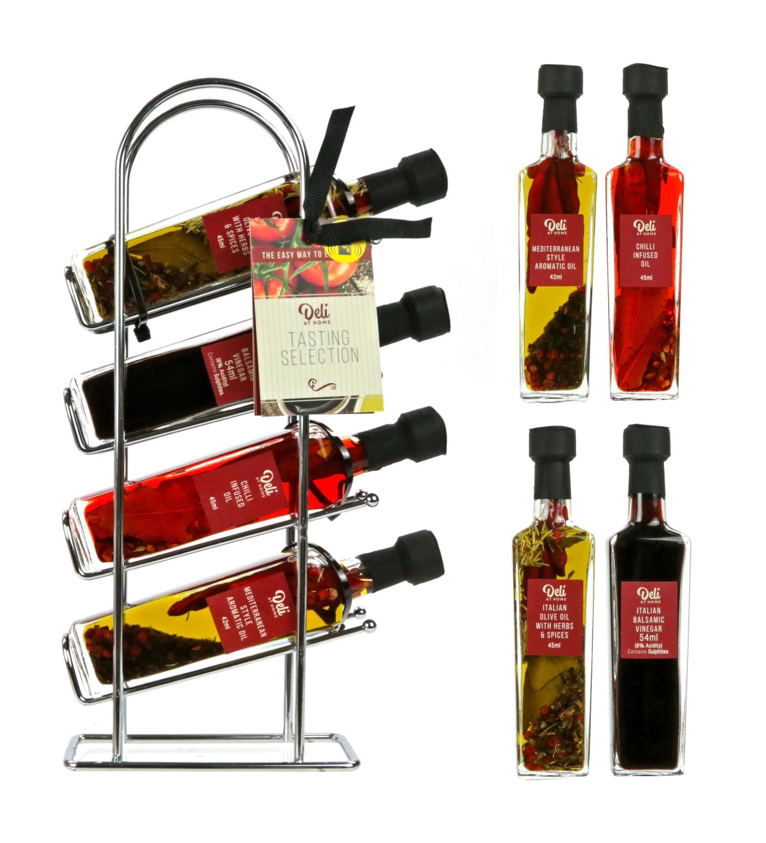 Premium Olive Oil Gift Set - 4 Infused Olive Oils & Balsamic Vinegar in Metal Rack - Perfect Italian Cooking Gift for Chefs - Buy Online on GoSupps.com