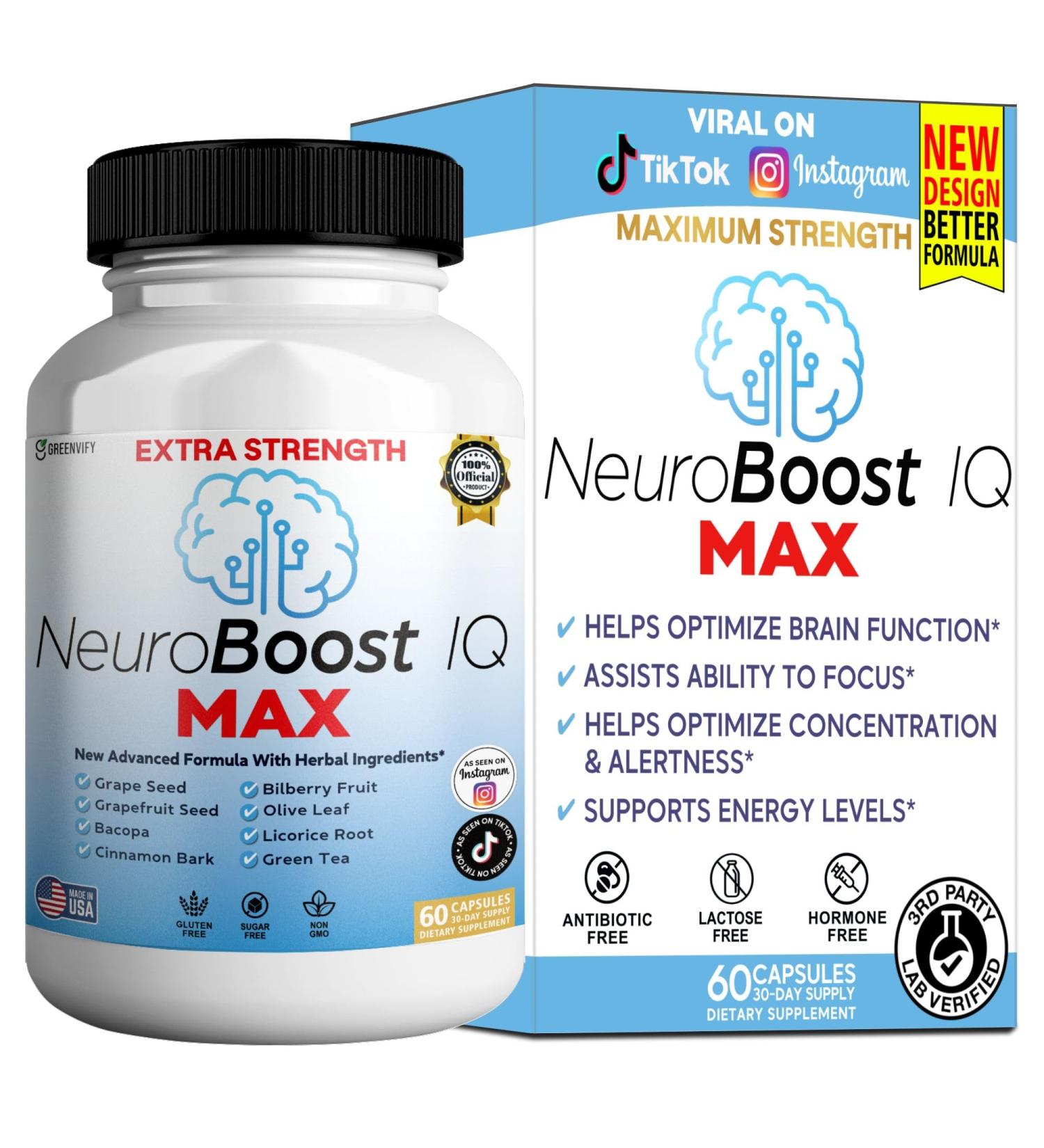 NeuroBoost IQ MAX Extra Strength Brain Support Supplement 60 Capsules with Bacopa Grape Seed Green Tea (1) - Buy Online on GoSupps.com