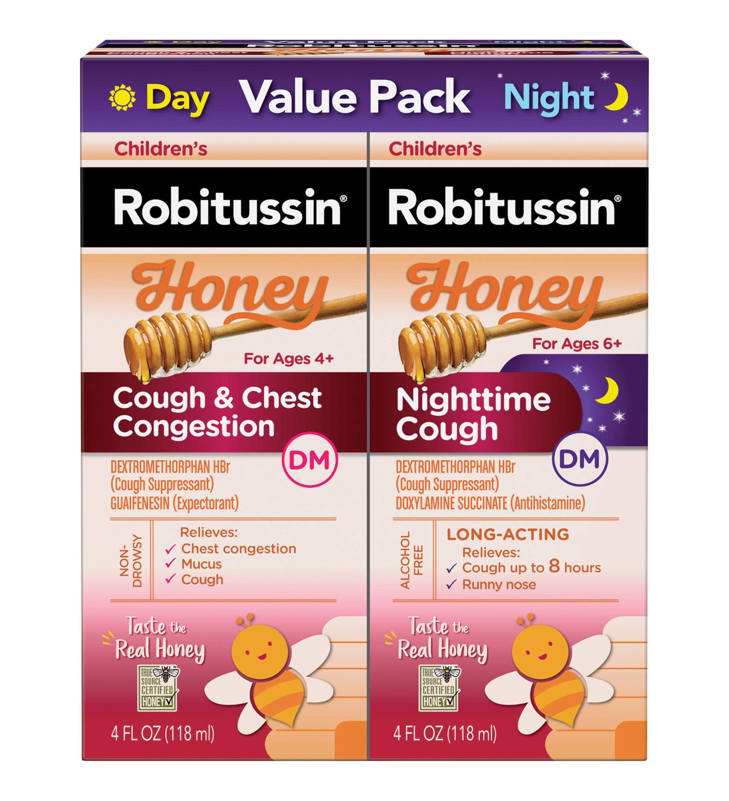 Children's Robitussin Honey Cough & Chest Congestion DM and Nighttime Cough DM Variety Pack - 4 Fl Oz Bottles (Pack of 2) - Buy Online on GoSupps.com