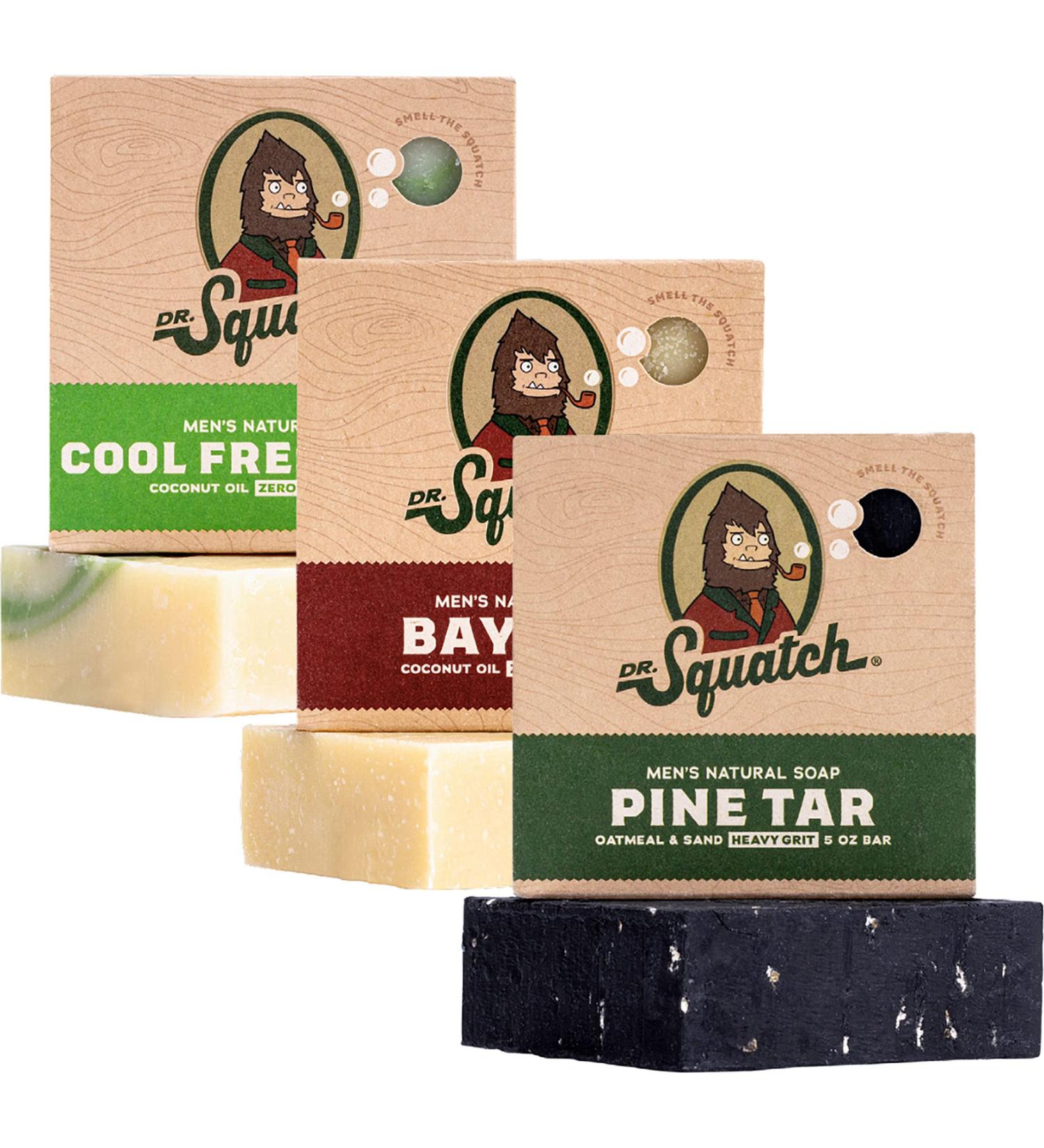 Dr. Squatch All Natural Bar Soap for Men 3 Bar Variety Pack Pine Tar Bay Rum and Cool Fresh Aloe