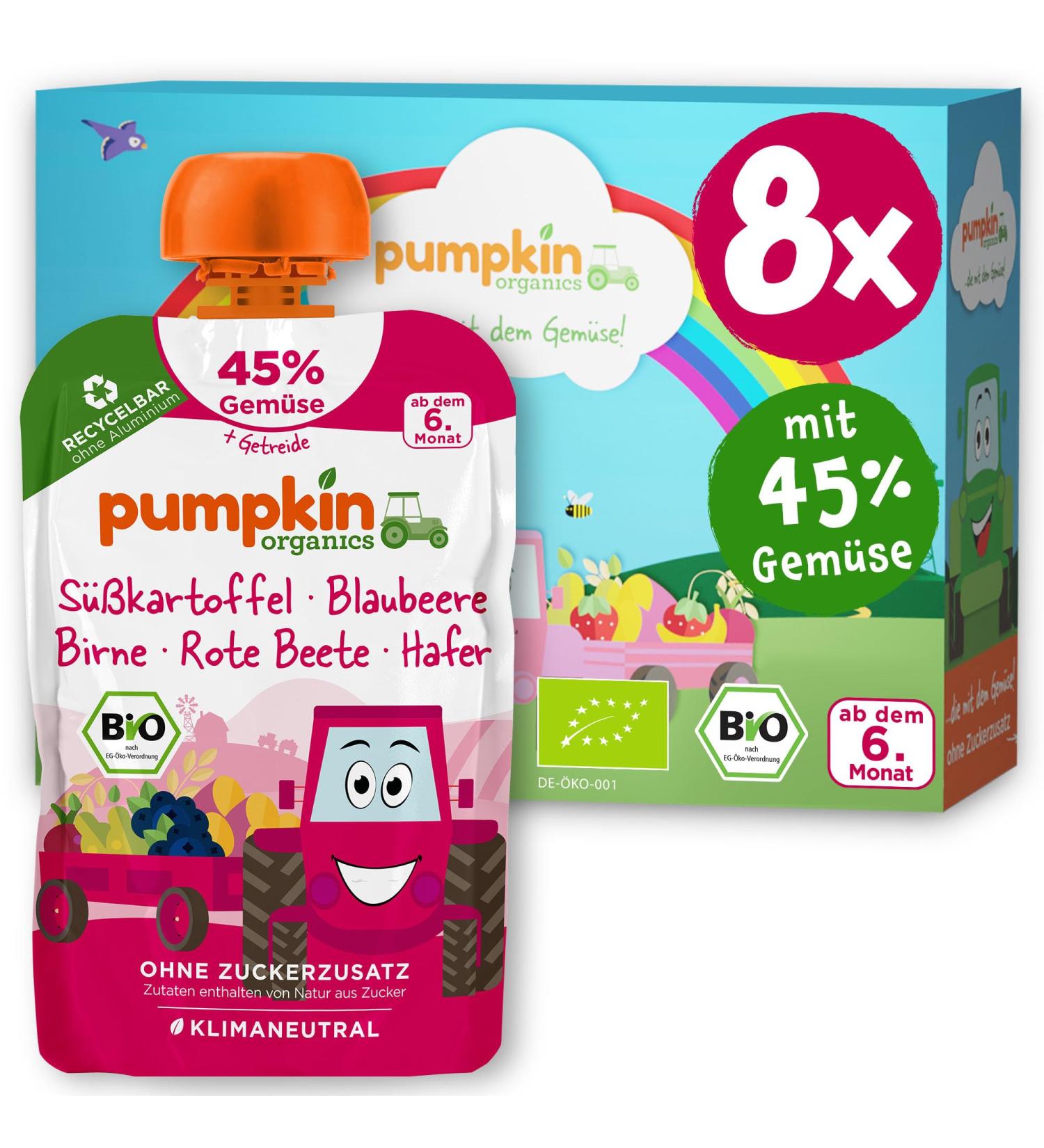 Pumpkin Organics Bio Vegetable Cereal Quets - 8 Pack Baby Food (Sweet Potato Blueberry Pear Beetroot Oats) - No Added Sugar Vegetarian 6+ Months - 100g Each - Buy Online on GoSupps.com
