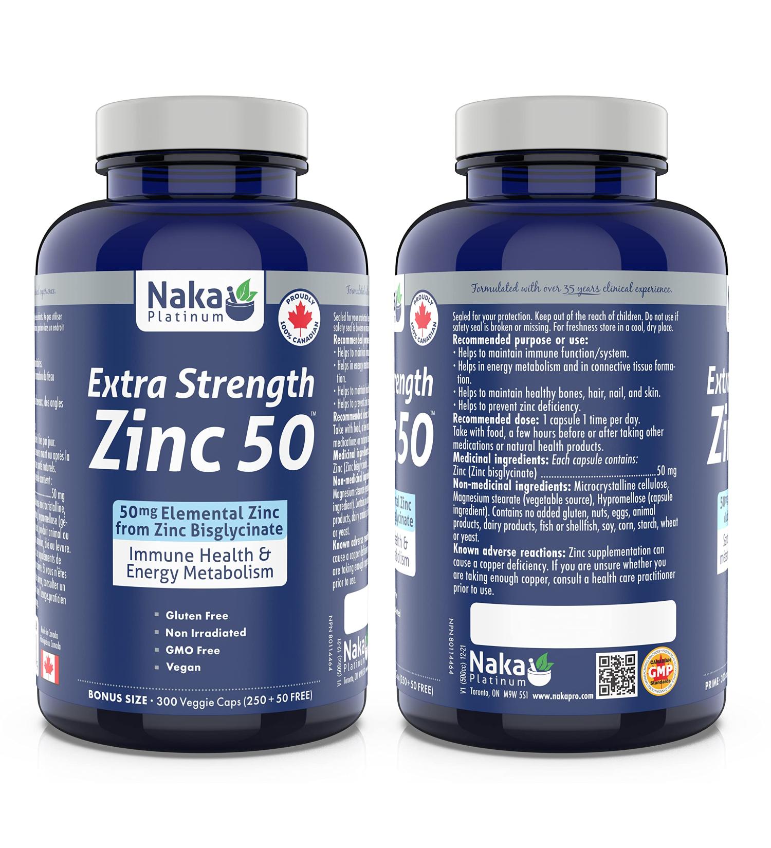 Naka Platinum Extra Strength ZINC Bisglycinate 50 mg Elemental Zinc for Immune Health and Energy Metabolism Bonus Size 300 Veggie Capsules (250+50 Free) - Buy Online on GoSupps.com