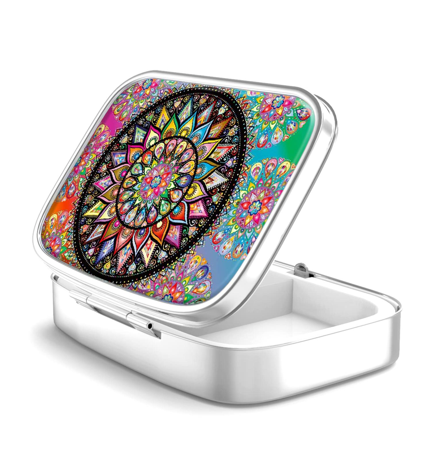 Portable Pill Box with 2 Compartments | Decorative Metal Medicine Organizer | Unique 25-Color Mandala Design - Perfect Gift for Vitamins & Medications - Buy Online on GoSupps.com