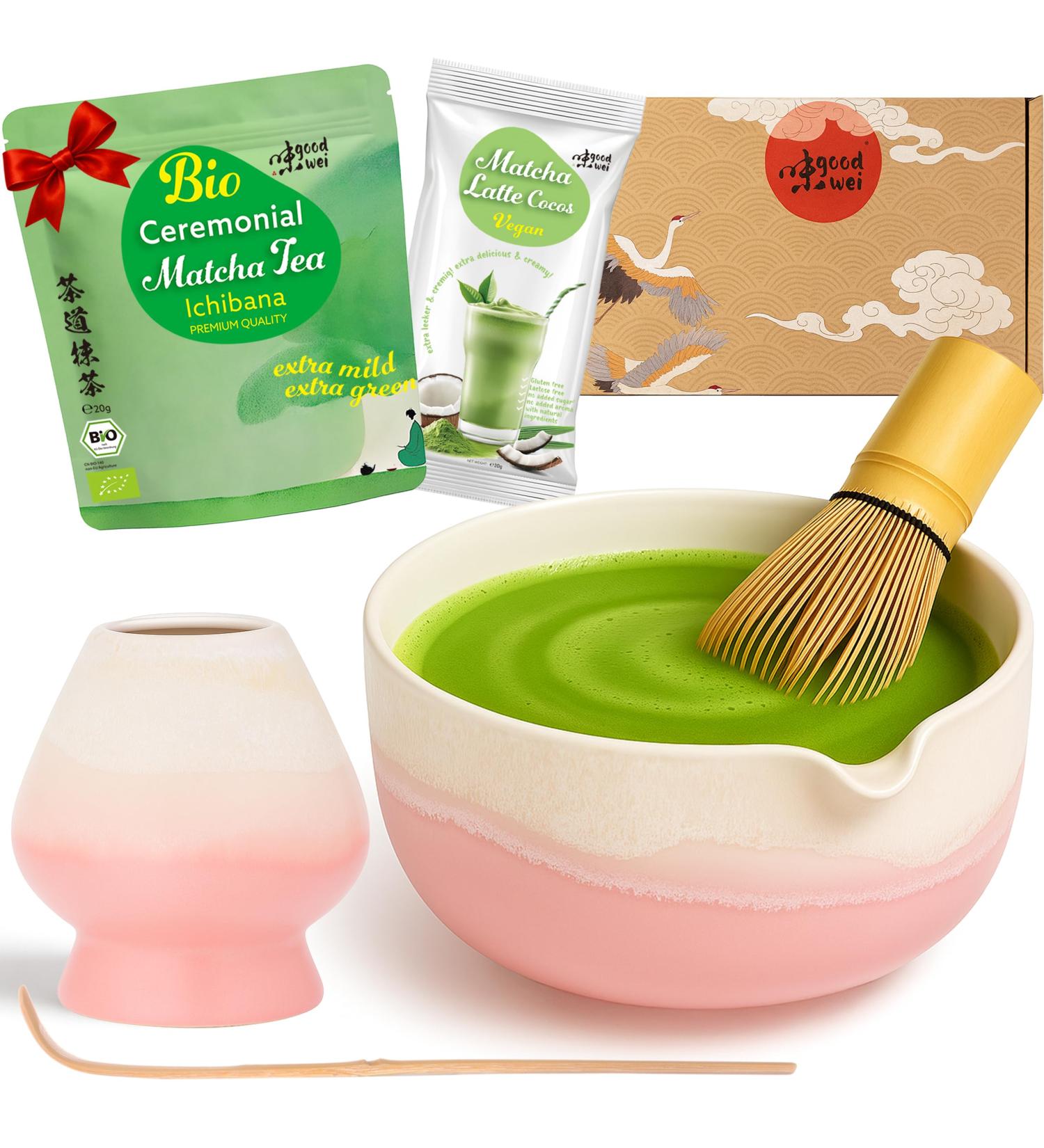 Goodwei Set Matcha Latte Coffret Matcha Premium avec Bol Verseur Fouet en Bambou Support Cuill re & Poudre Matcha Bio Set Japonais pour Latte Matcha & C r monie du Th (Fuji Pink) - Buy Online on GoSupps.com
