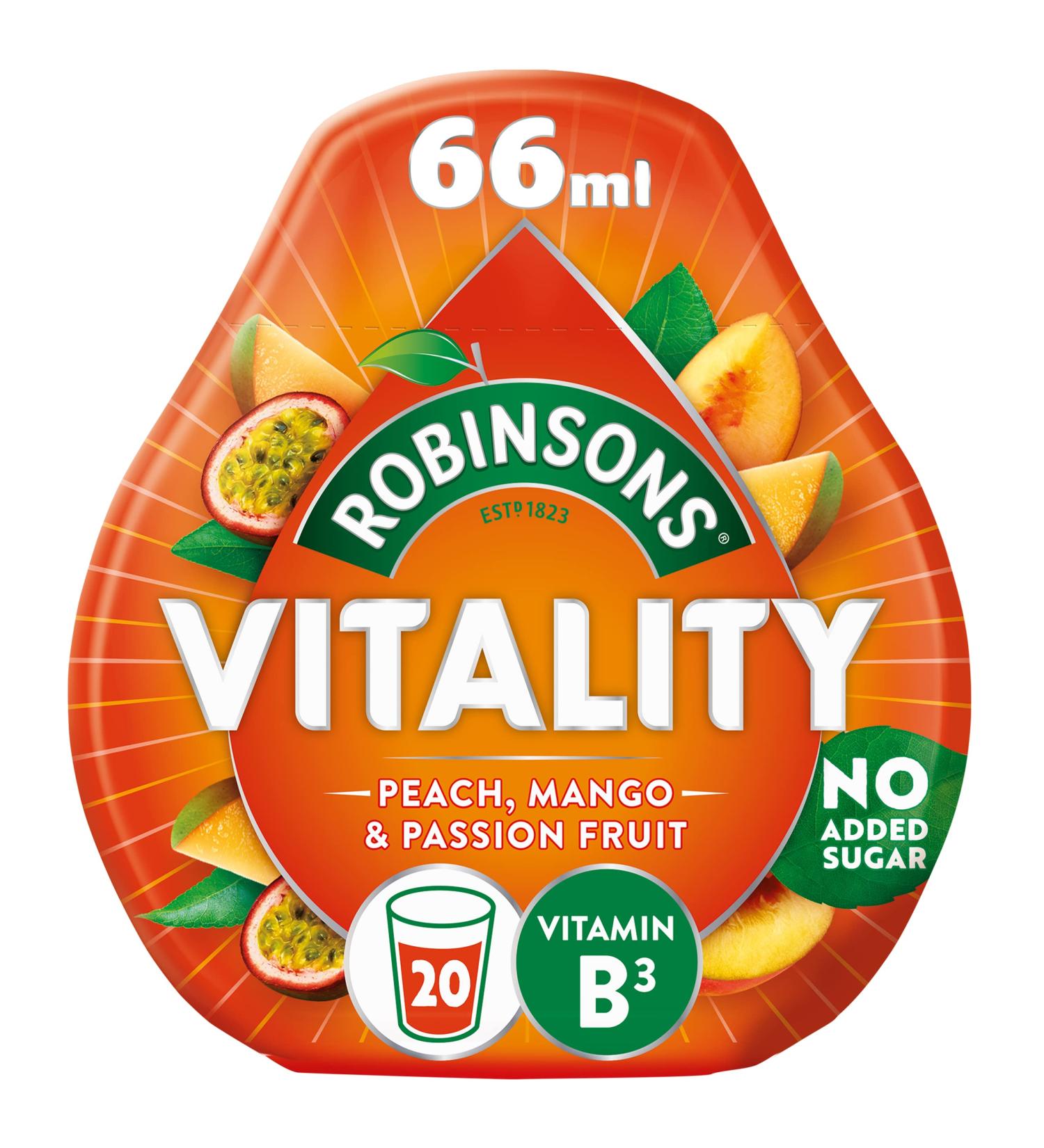 Robinsons Vitality Peach Mango & Passion Fruit Juice Benefit Drops 66ml with Vitamin B3 - Pack of 1 - Buy Online on GoSupps.com