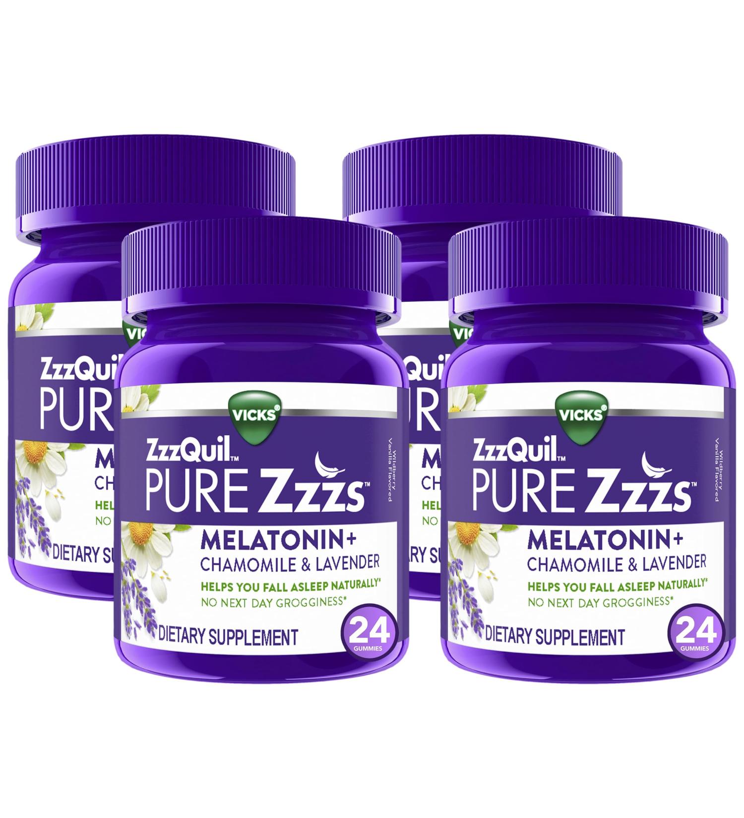 ZzzQuil Pure Zzzs Melatonin Sleep Aid Gummies with Lavender Valerian Root and Chamomile Natural Wildberry Vanilla Flavor Non-Habit Forming Drug-Free 24 Gummies (Pack of 4) 24 Count (Pack of 4) - Buy Online on GoSupps.com