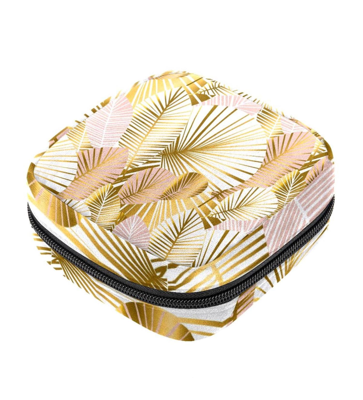 Abstract Golden & Pale Rose Leaves Pattern Napkin & Menstrual Pad Storage Bag | Portable Menstrual Cup Zipper Bag for Teenagers & Women - Buy Online on GoSupps.com