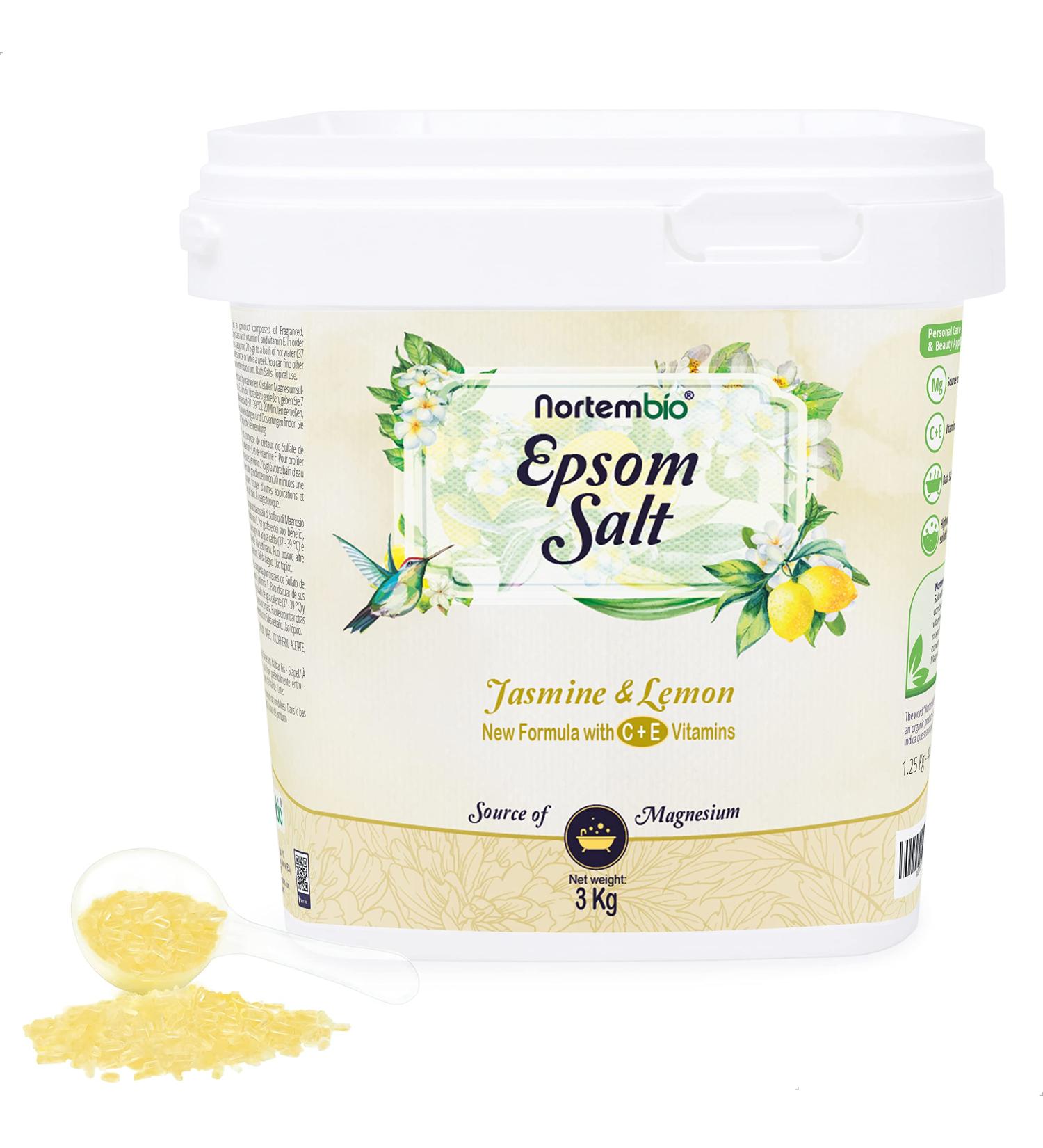Nortembio Sels d Epsom 100% Parfum Jasmin & Citron 3 kg Source Naturelle de Magn sium | Avec Vitamines C et E Hydratantes | Pour Bains Relaxants Spa et Soin de la Peau + E-Book Gratuit Jasmin et de Citron - Buy Online on GoSupps.com