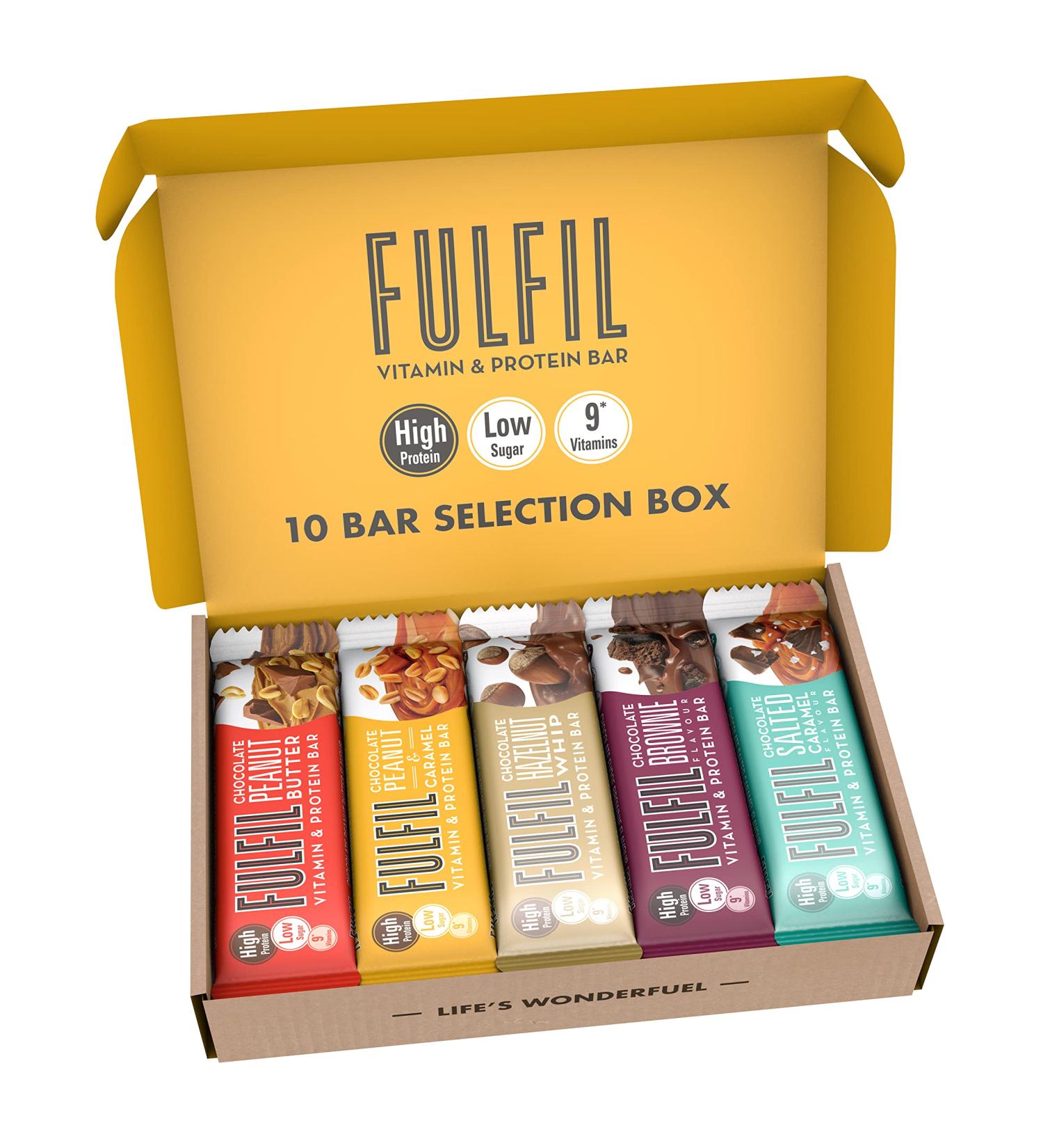 Fulfil Vitamin & Protein Bar Selection Box - 10 x 55g Bars, 20g Protein, 9 Vitamins, Low Sugar - Buy Online on GoSupps.com