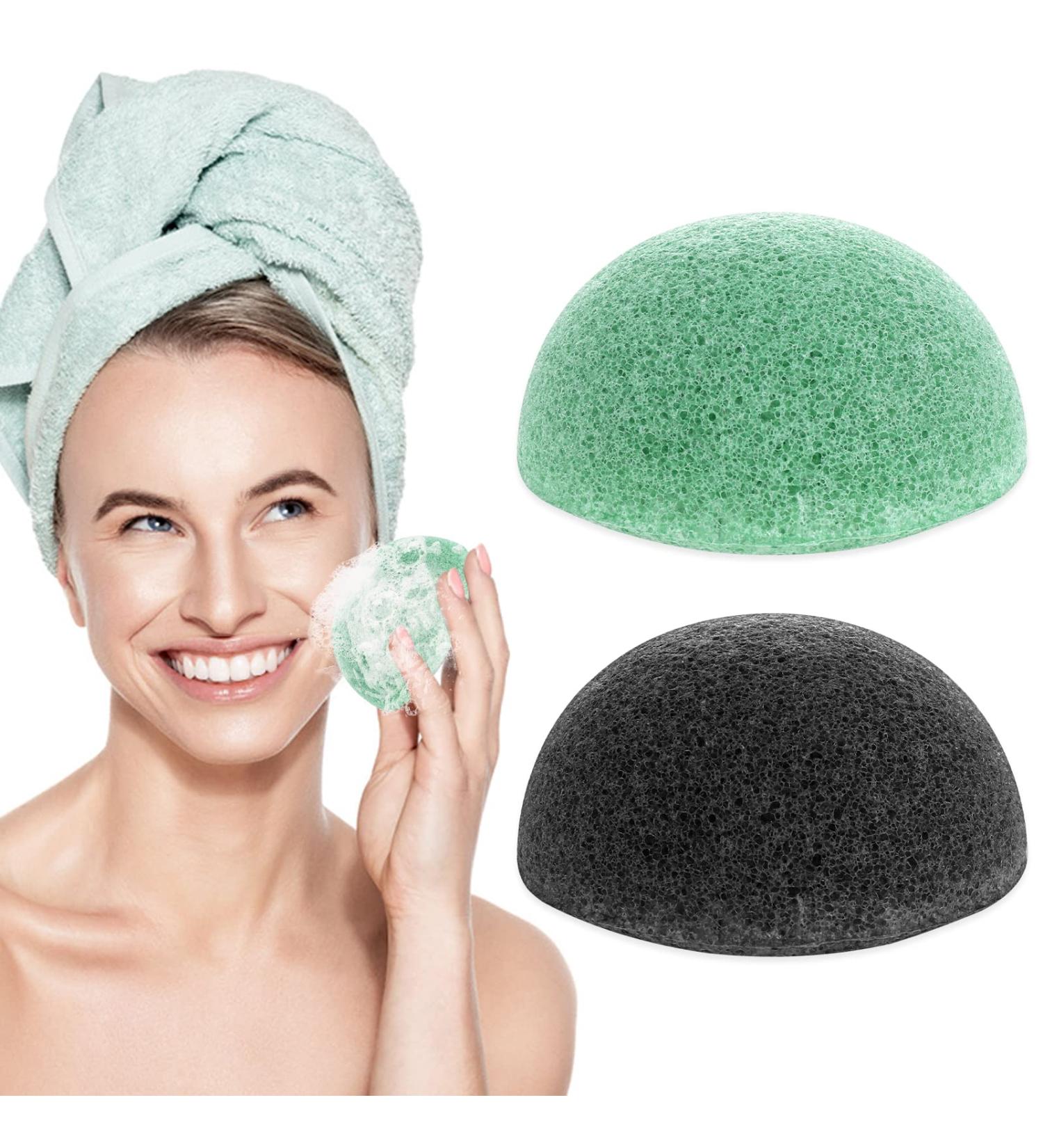 Sibba 2Pcs Natural Konjac Facial Sponges - Gentle Exfoliating Cleansing Sponge for Face and Body - Cleaning Puff Scrubber for Men, Women, Babies - Shower Bath SPA - Black & Green - Buy Online on GoSupps.com
