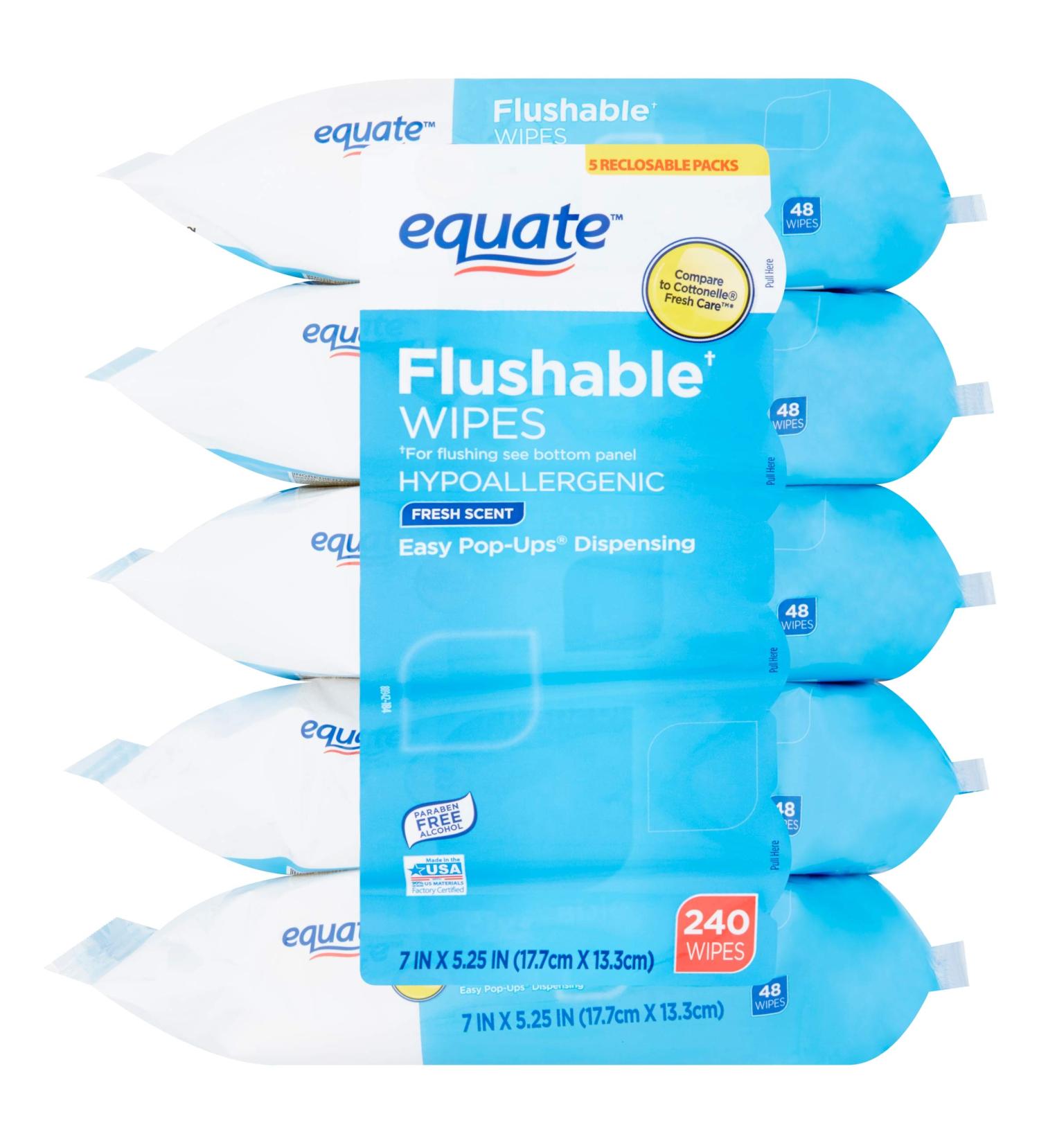 Equate Fresh Scent Flushable Wipes, 7" X 5.25", Count of 240, 5 Pack 48 Count (Pack of 5)