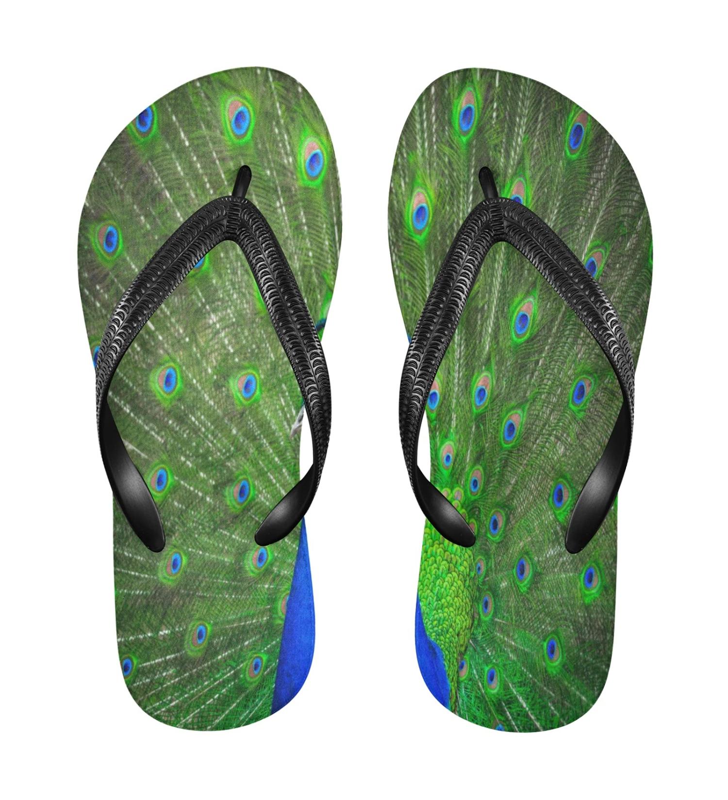 Mnsruu Peacock Feather Flip Flops - Green Sandals | XL Home Slippers for Men & Women | Perfect for Spa Hotel & Travel - Buy Online on GoSupps.com