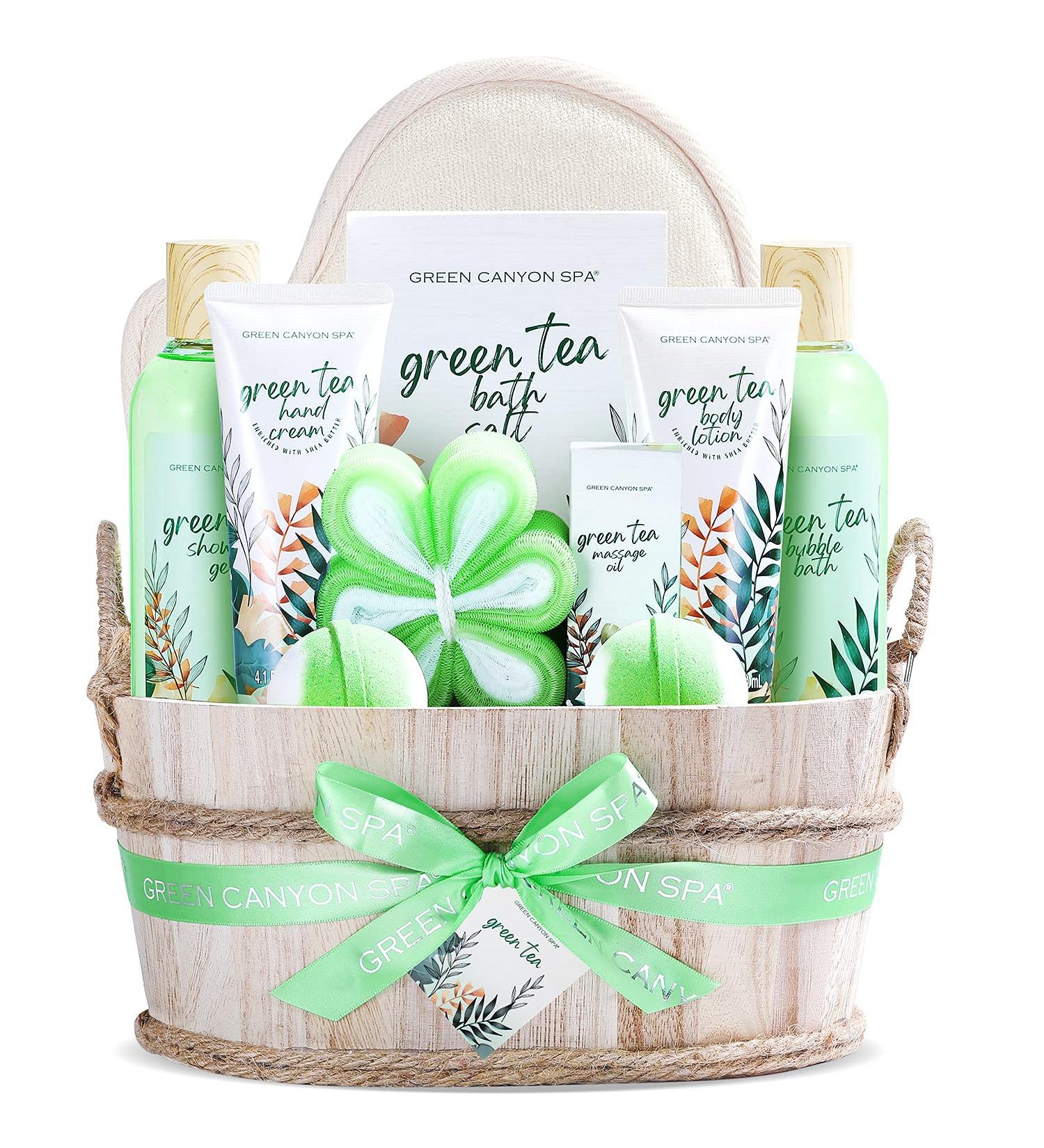 Green Tea Home Spa Gift Basket - 11 Pc Set for Women and Men | Body Lotion, Hand Cream, Exfoliating Loofah | Birthday & Christmas Gift Idea - Buy Online on GoSupps.com