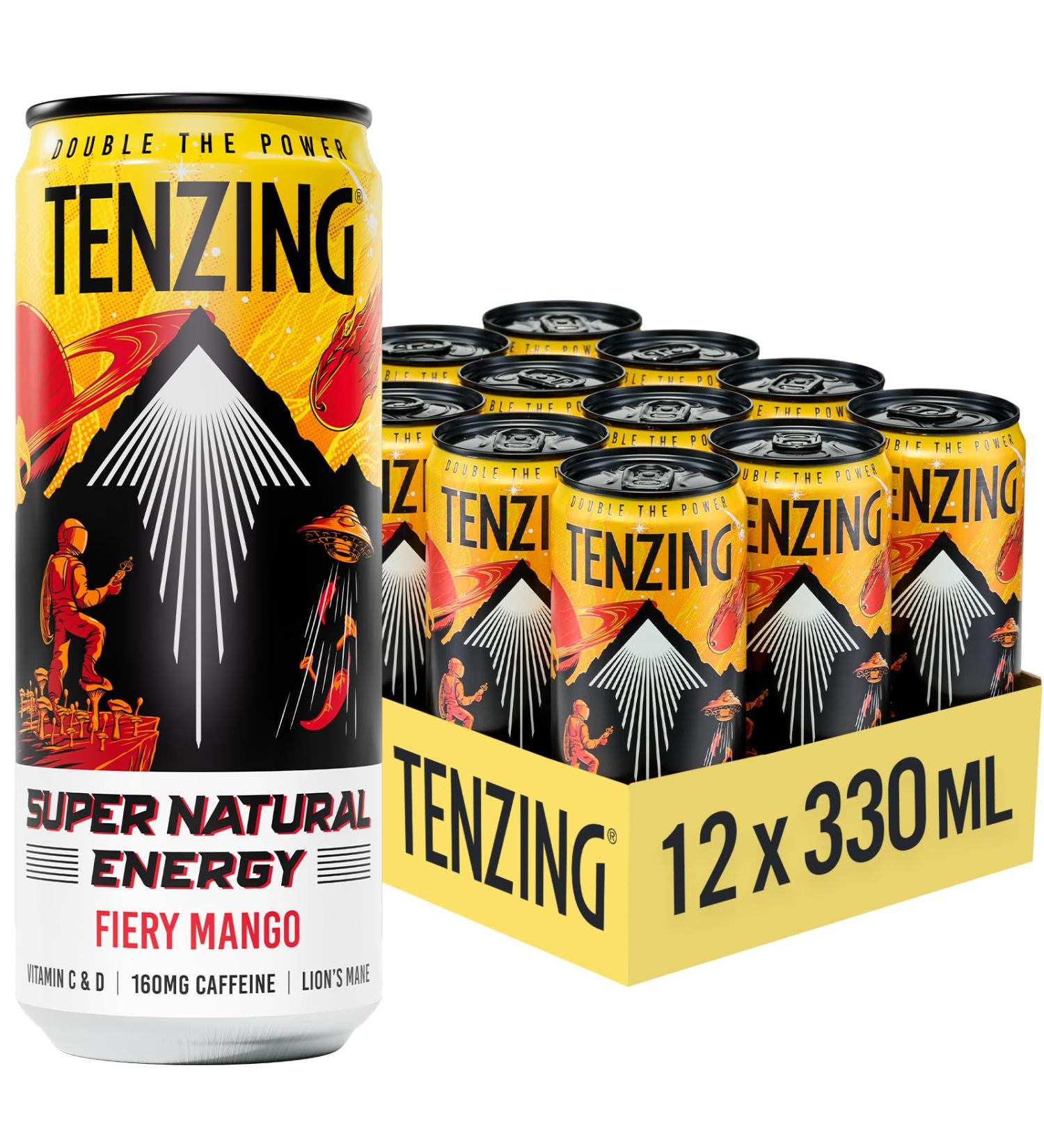  TENZING TENZING Super Natural Energy Drinks Fiery Mango Caffeine 160mg Vitamin D Magnesium Mushrooms Plant-Based Vegan & Gluten Free 12 Count (330ml) - Buy Online on GoSupps.com