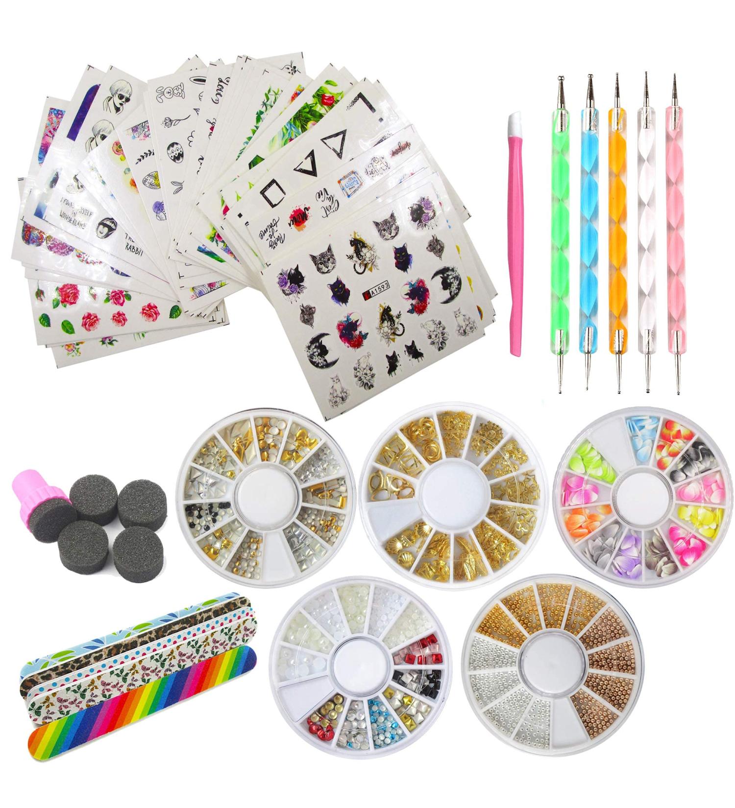 48 Sheet Water Transfer Nail Sticker Decals with Rhinestones, Metal Studs, Nail Files, Dotting Pen - Nail Art Tools Kit for DIY Manicure and Fingernail Designs - Buy Online on GoSupps.com