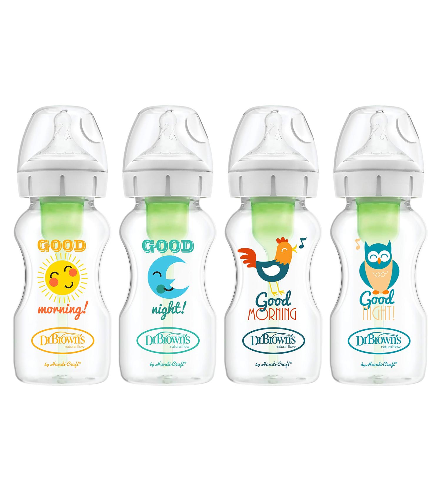 Dr. Brown's Natural Flow Anti-Colic Options+ Wide Bottles 9 oz 4 Pack - Level 1 Slow Flow Nipple - Good Morning/Good Night Gift Set - Buy Online on GoSupps.com