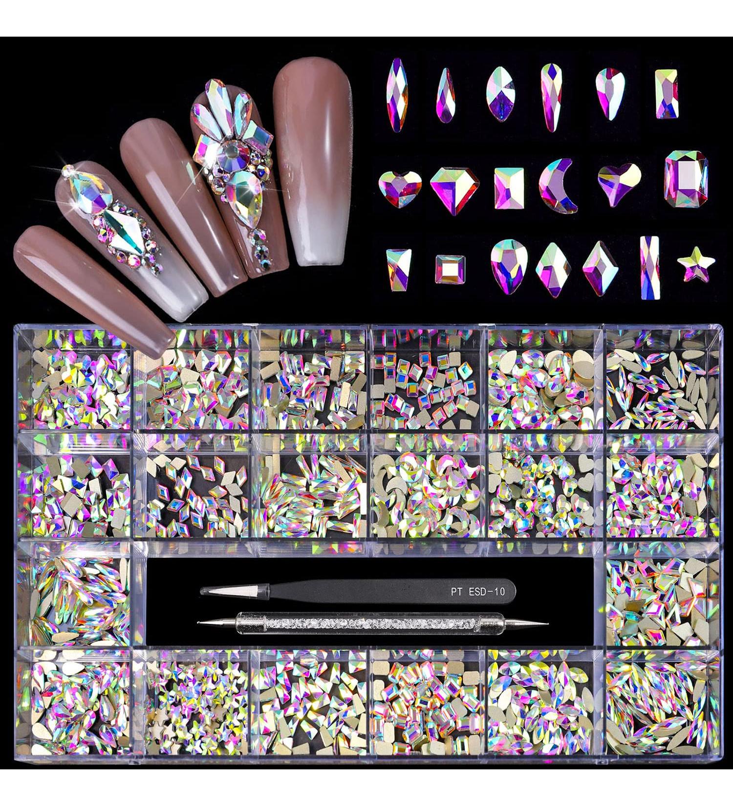 Yzzseven 1000 Special-Shaped Diamonds Mix 20 Styles Flatback Rhinestone Crystals 3D Decorations Flat Back Stones Gems Set +Tweezers + Drill Pen - Buy Online on GoSupps.com