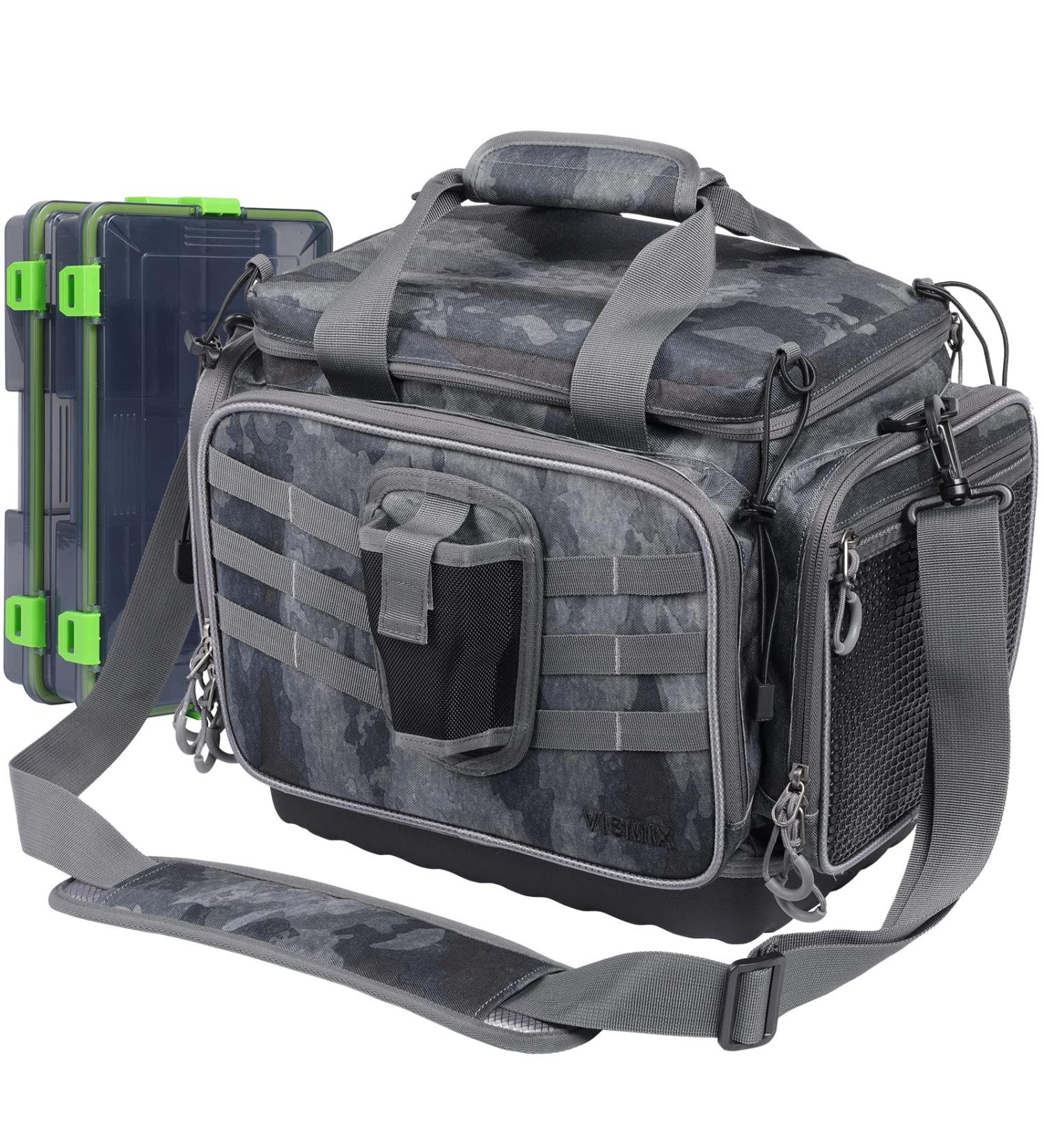 VISMIX Fishing Tackle Bag with 2pcs 3600 Tackle Trays - Large Water-Resistant Storage Bag with Rod Holder, Black Camo - Buy Online on GoSupps.com