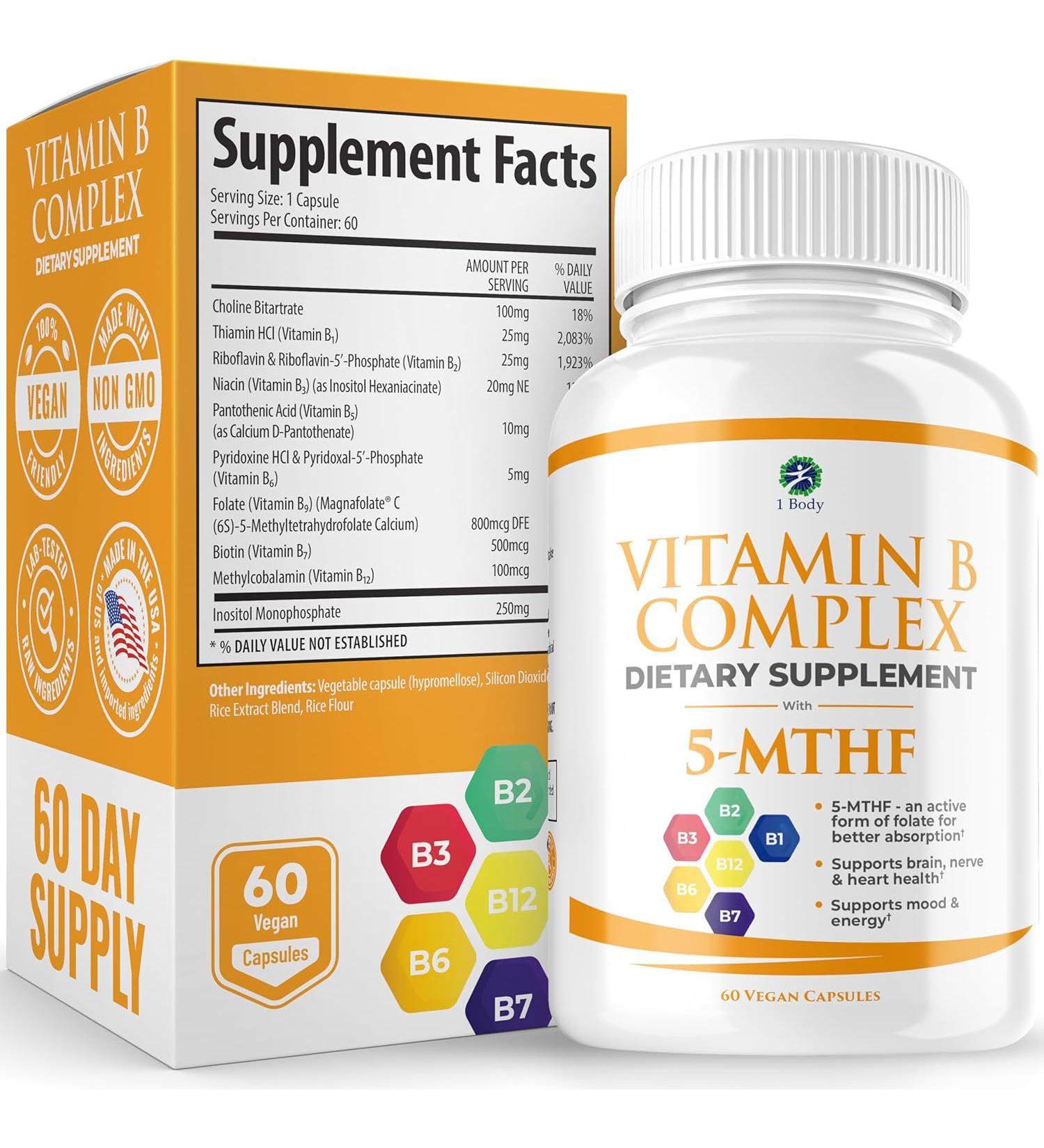 Vitamin B Complex with 5-MTHF Folate, B1, B2, B5, B6, Methyl B12, Niacin, Biotin - Stress & Heart Health Support - Buy Online on GoSupps.com