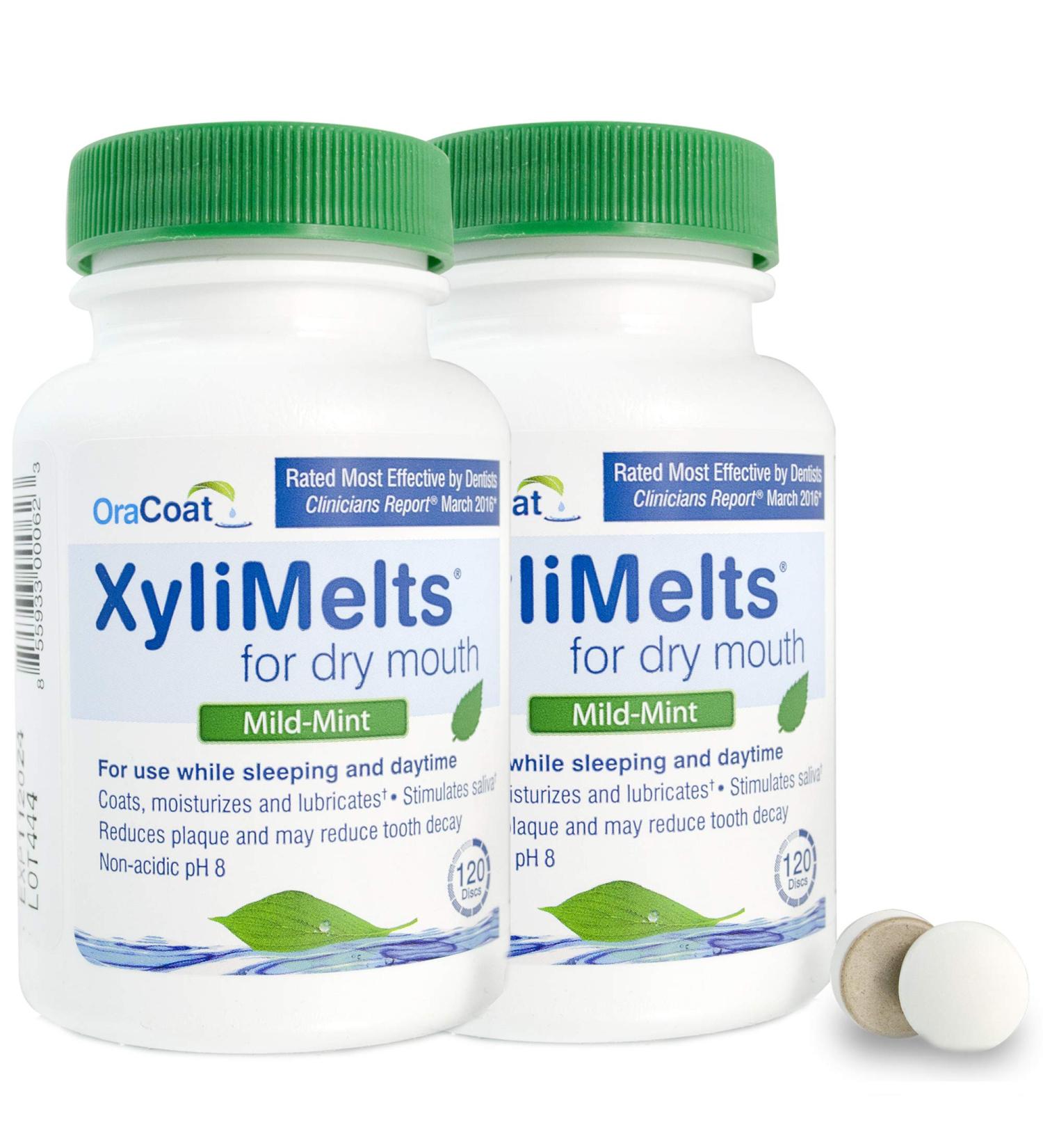 OraCoat XyliMelts for Dry Mouth Care 120 count bottles All Natural Gluten Free No Preservatives Helps Neutralize Acids Mild Mint 2 bottles (240 discs total)