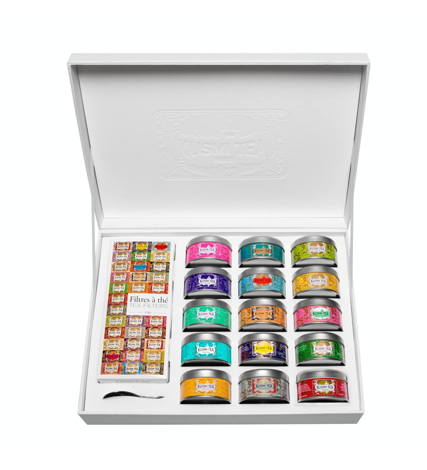 Kusmi Tea - La Collection - Coffret de 15 Bo tes M tal de 25g de Th s Aromatis s et Infusions en Vrac - Avec Bo te de 100 Filtre Th et Cuill re Grav e - Buy Online on GoSupps.com