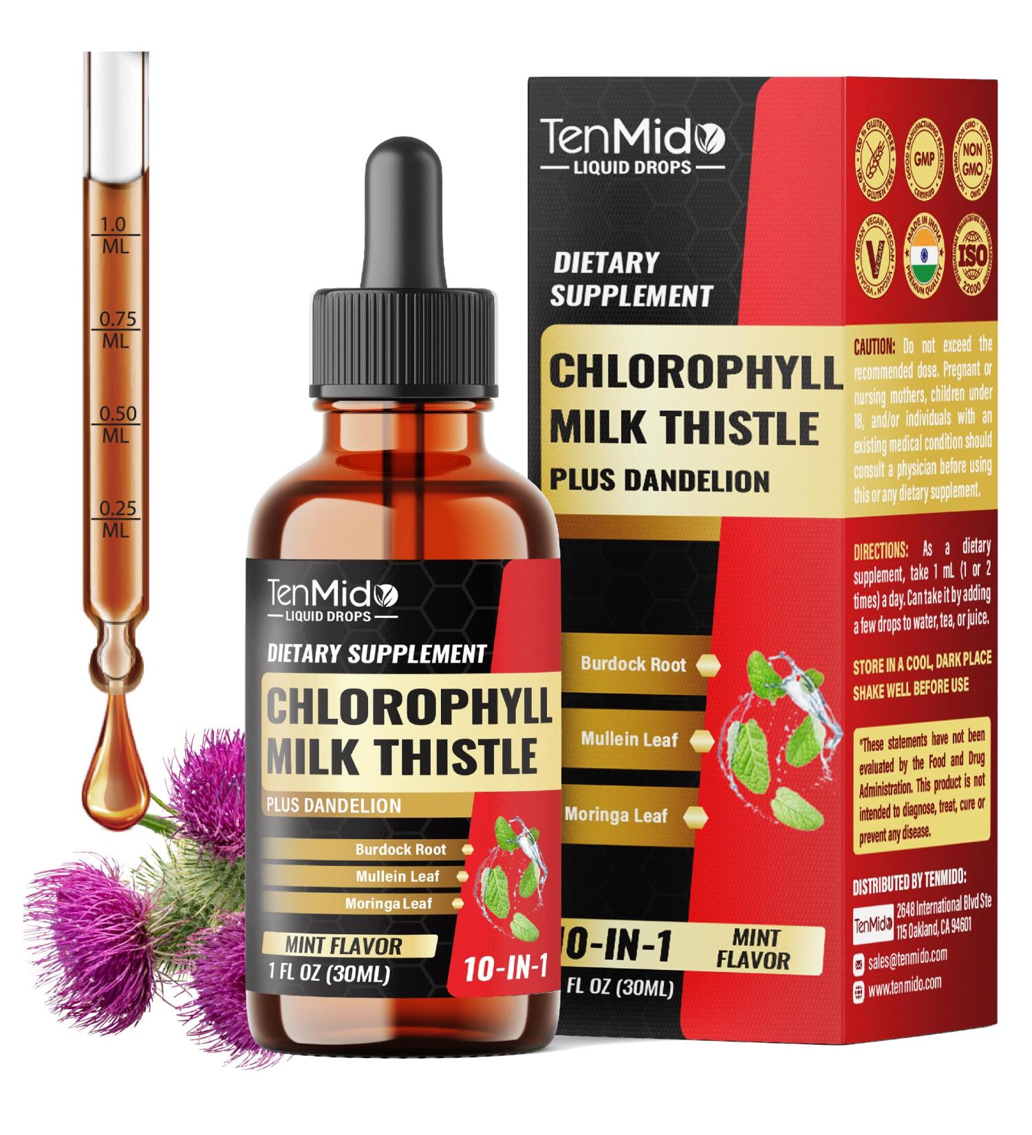 Tenmido 10in1 Chlorophyll Liquid Drops with Mullein Milk Thistle Dandelion Burdock Root Moringa Neem Aloe Vera Peppermint and Ginger - 30 Days Supply - 1 FL Oz - Buy Online on GoSupps.com