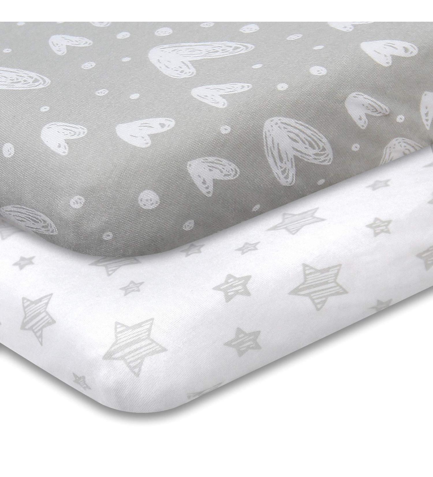 Soft Jersey Cotton Pack n Play Fitted Sheet 2 Pack - White & Grey, Unisex Mini Crib Sheets - Buy Online on GoSupps.com