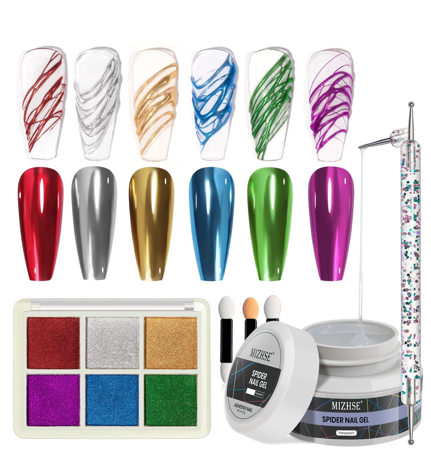 MIZHSE Clear Spider Gel + 6 Colors Chrome Nail Powder Set for Metallic Mirror Effect Nail Art - DIY Manicure Kit - Buy Online on GoSupps.com