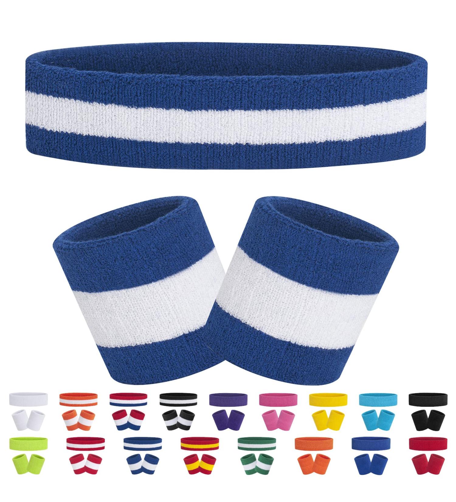 Facath Striped Welding Tape Set | Sport Headband & Terry Bracelet Set for Basketball - Blue & White - Buy Online on GoSupps.com