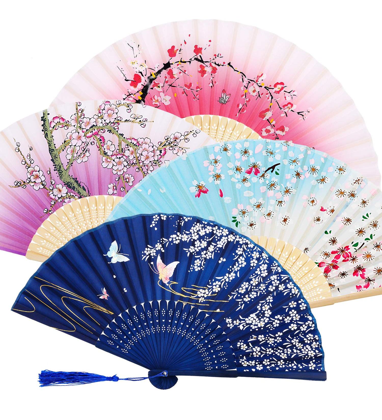 4 Pieces Folding Fans Handheld Fans Bamboo Fans with Tassel Women's Hollowed Bamboo Hand Holding Fans for Wall Decoration Gifts (Purple Dark Blue Pink and Sky Blue) Dark Blue Pink Purple Sky Blue - Buy Online on GoSupps.com