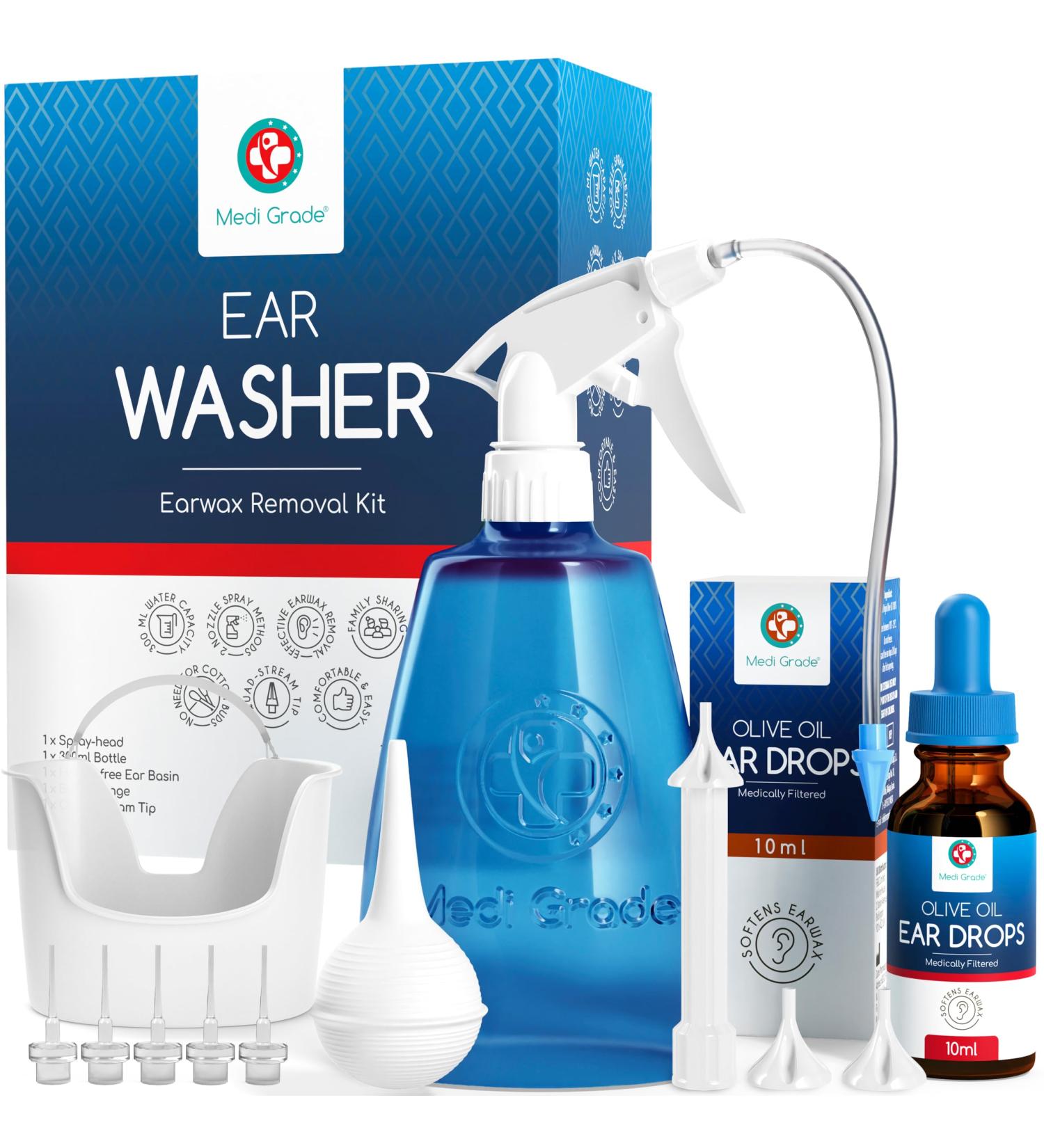 Medi Grade All-in-One Ear Wax Removal Kit - 300ml Bottle & 10ml Olive Oil Drops for Easy Ear Cleaning & Wax Removal - Buy Online on GoSupps.com