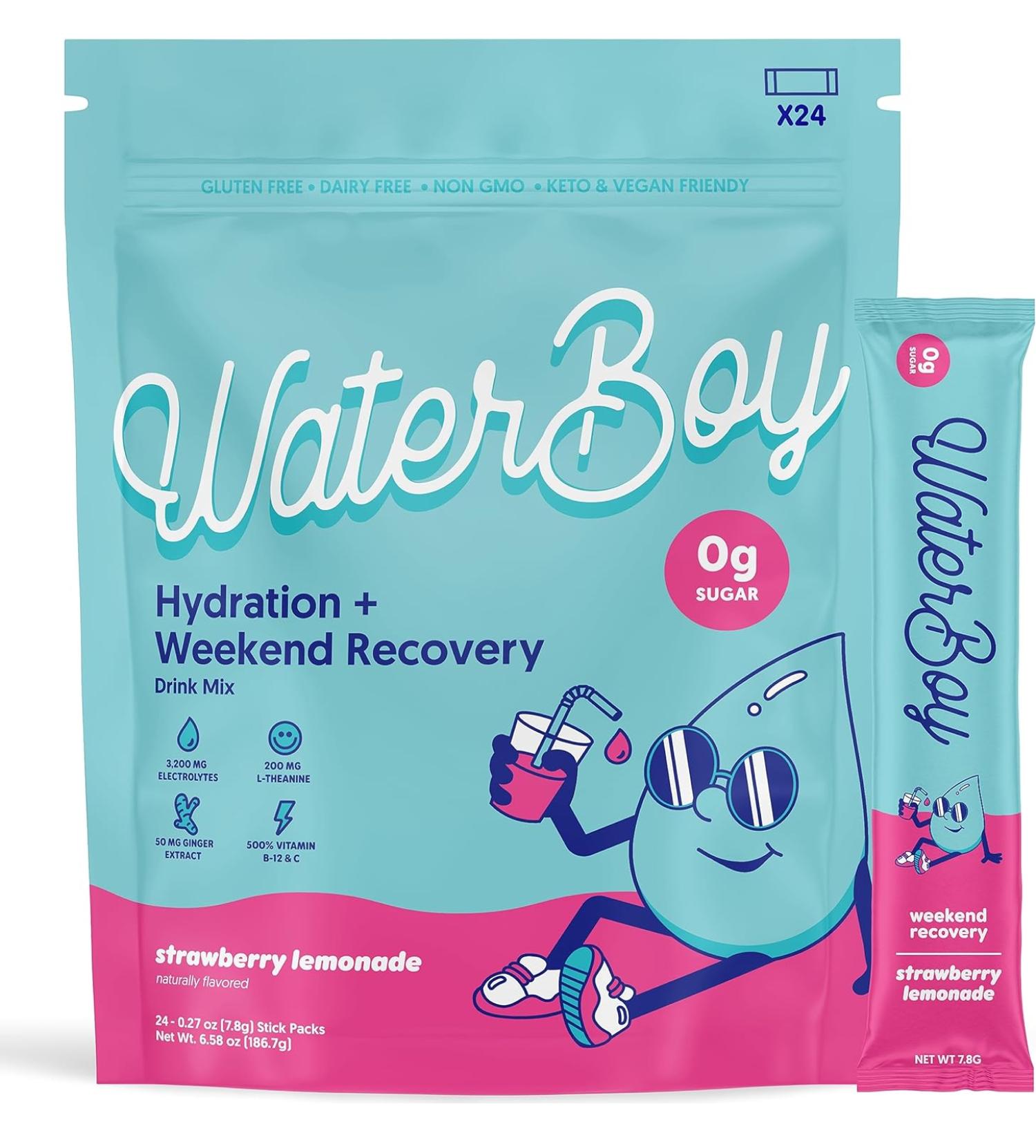 Waterboy Weekend Recovery Electrolyte Powder Packets - 200mg Ginger, L-Theanine, Vitamins - No Sugar, All Natural, Gluten Free Strawberry Lemonade - 6.58oz - Buy Online on GoSupps.com